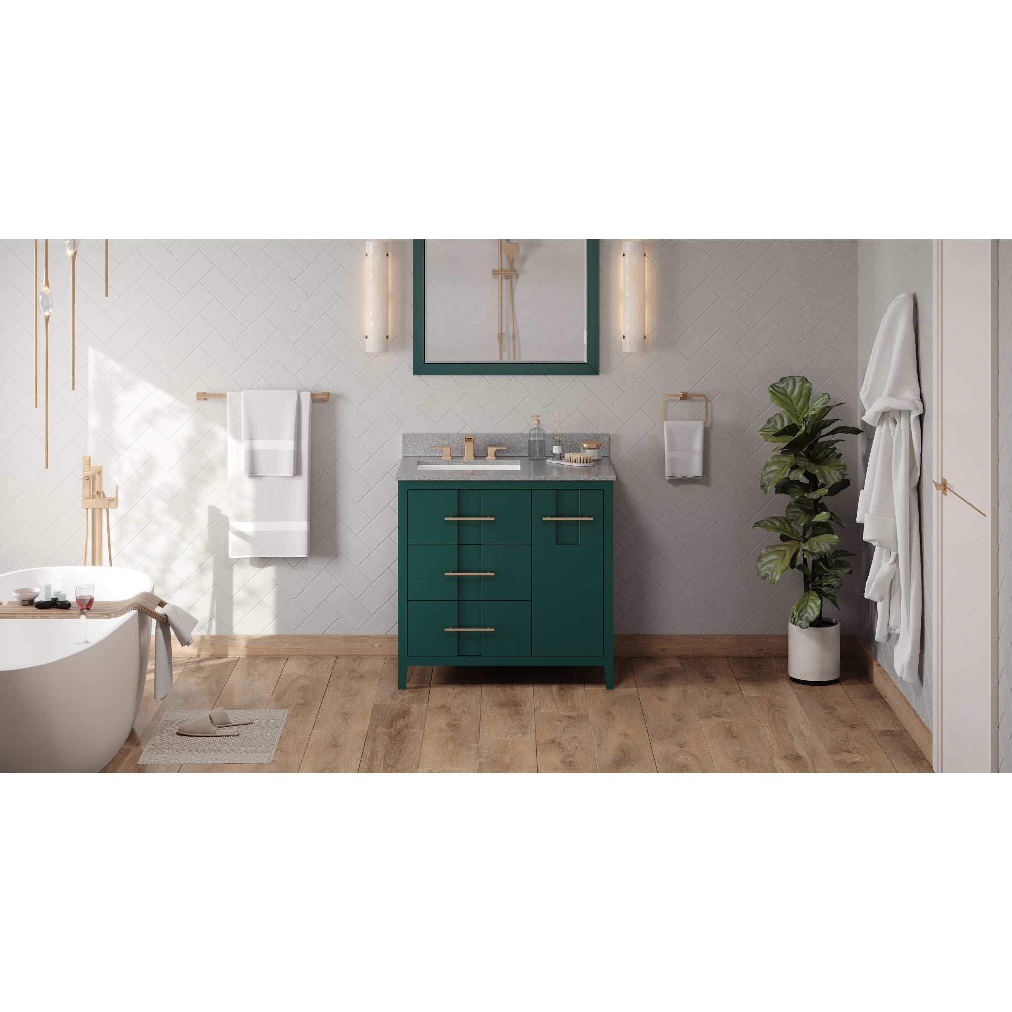36" Forest Green Katara Vanity, left offset, Steel Grey Cultured Marble Vanity Top, undermount rectangle bowl | KitchBath