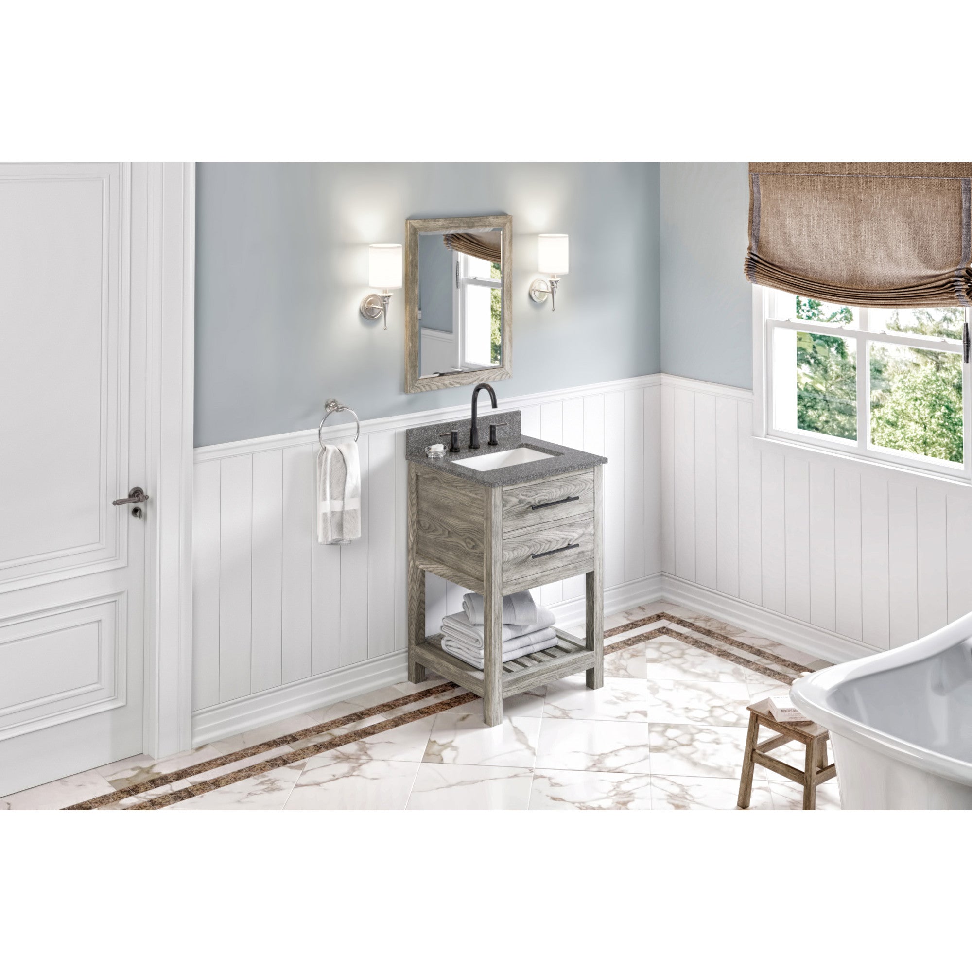 24" Weathered Grey Wavecrest Vanity, Boulder Cultured Marble Vanity Top, undermount rectangle bowl | KitchBath