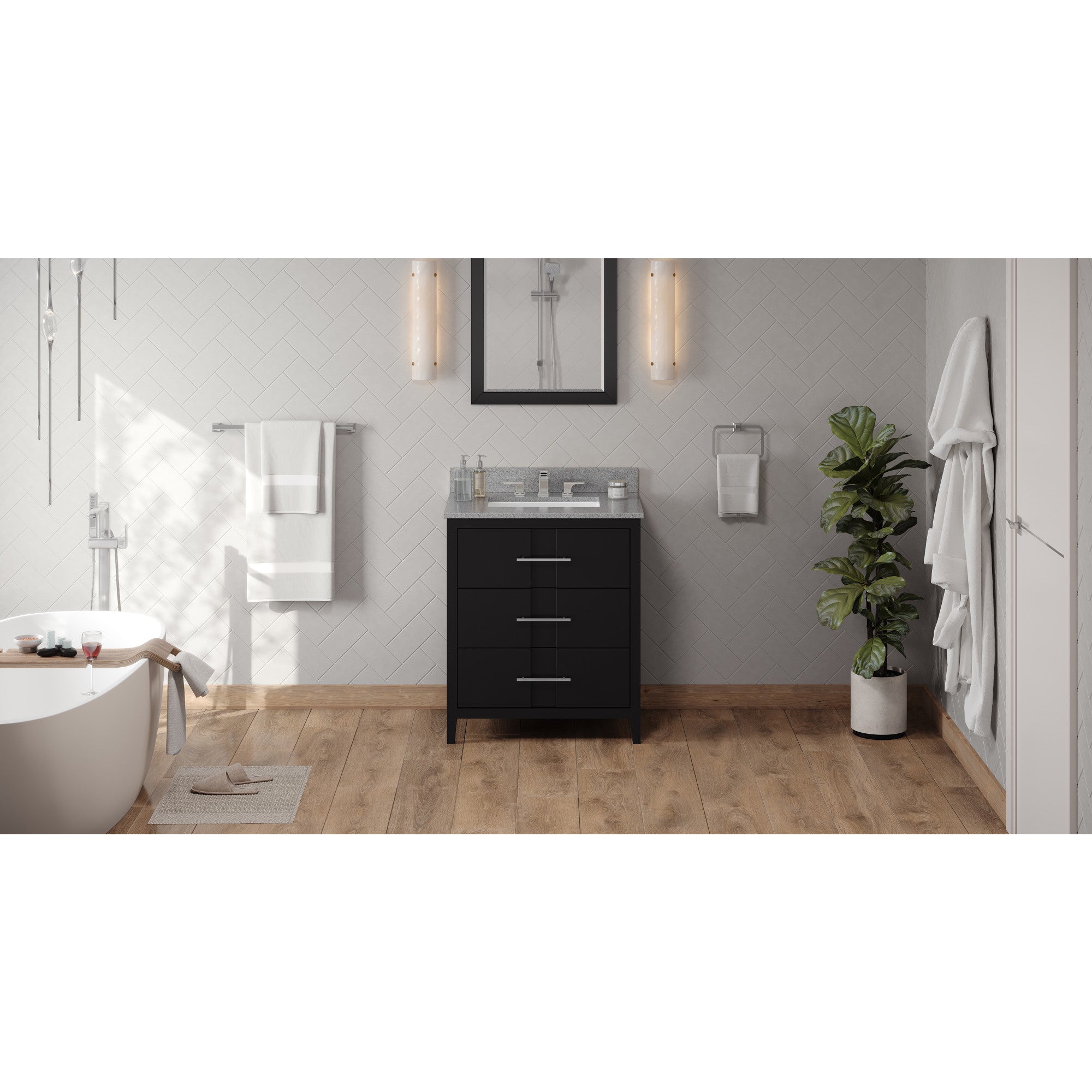 30" Black Katara Vanity, Steel Grey Cultured Marble Vanity Top, undermount rectangle bowl | KitchBath