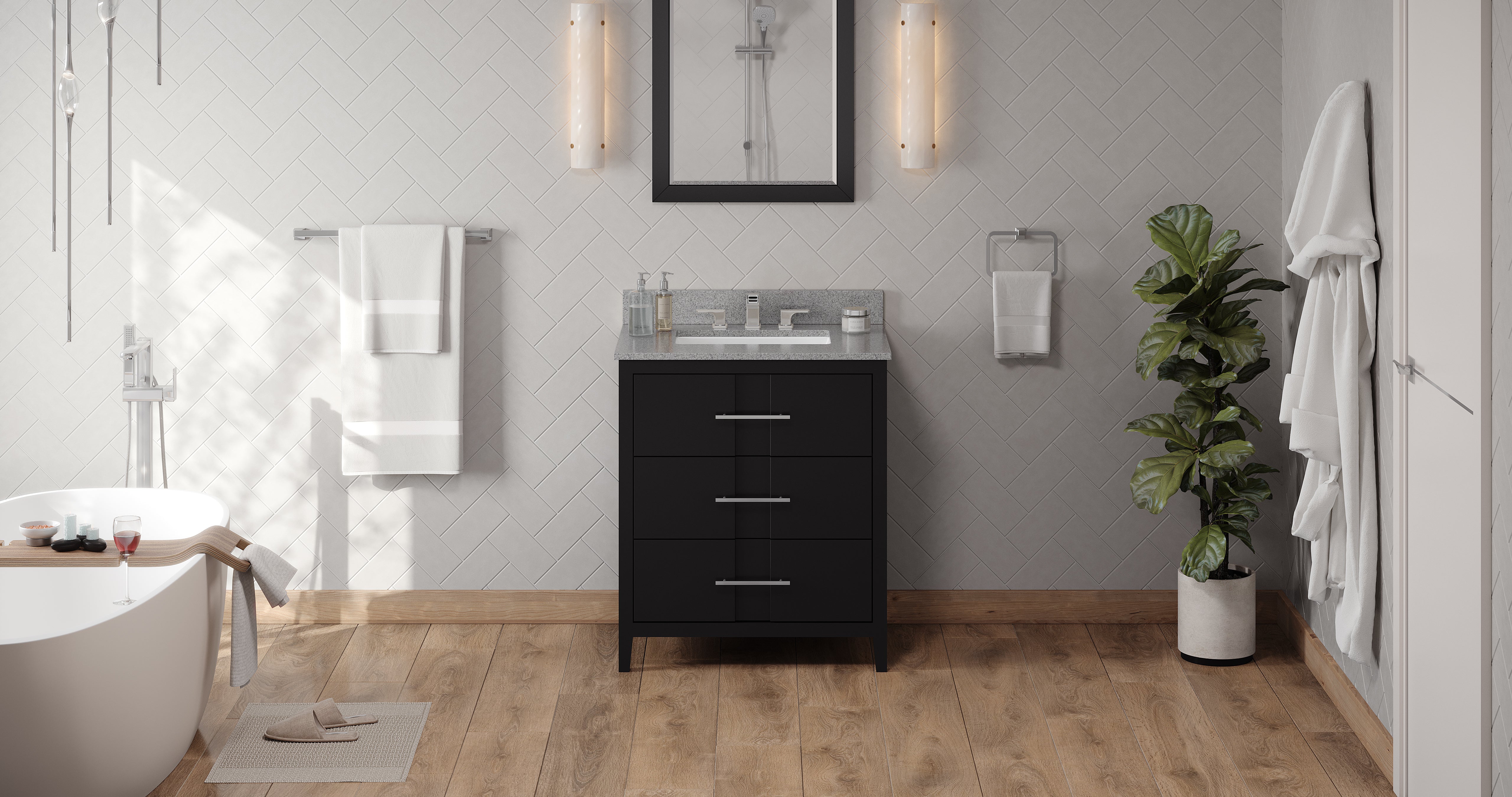 30" Black Katara Vanity, Steel Grey Cultured Marble Vanity Top, undermount rectangle bowl | KitchBath