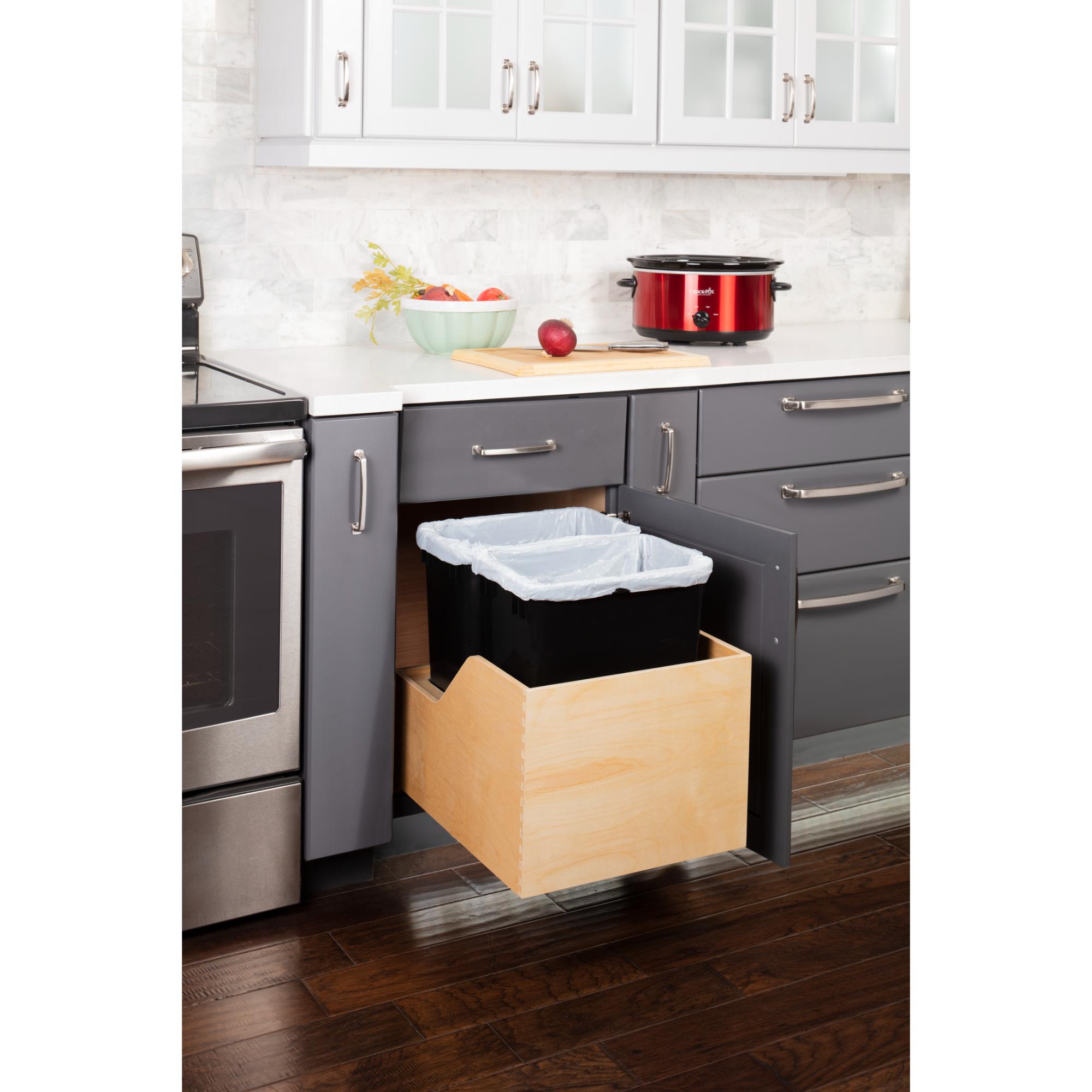 Double 35 Quart Wood Bottom-Mount Soft-close Trashcan Rollout for Hinged Doors, Includes Two Black Cans | KitchBath