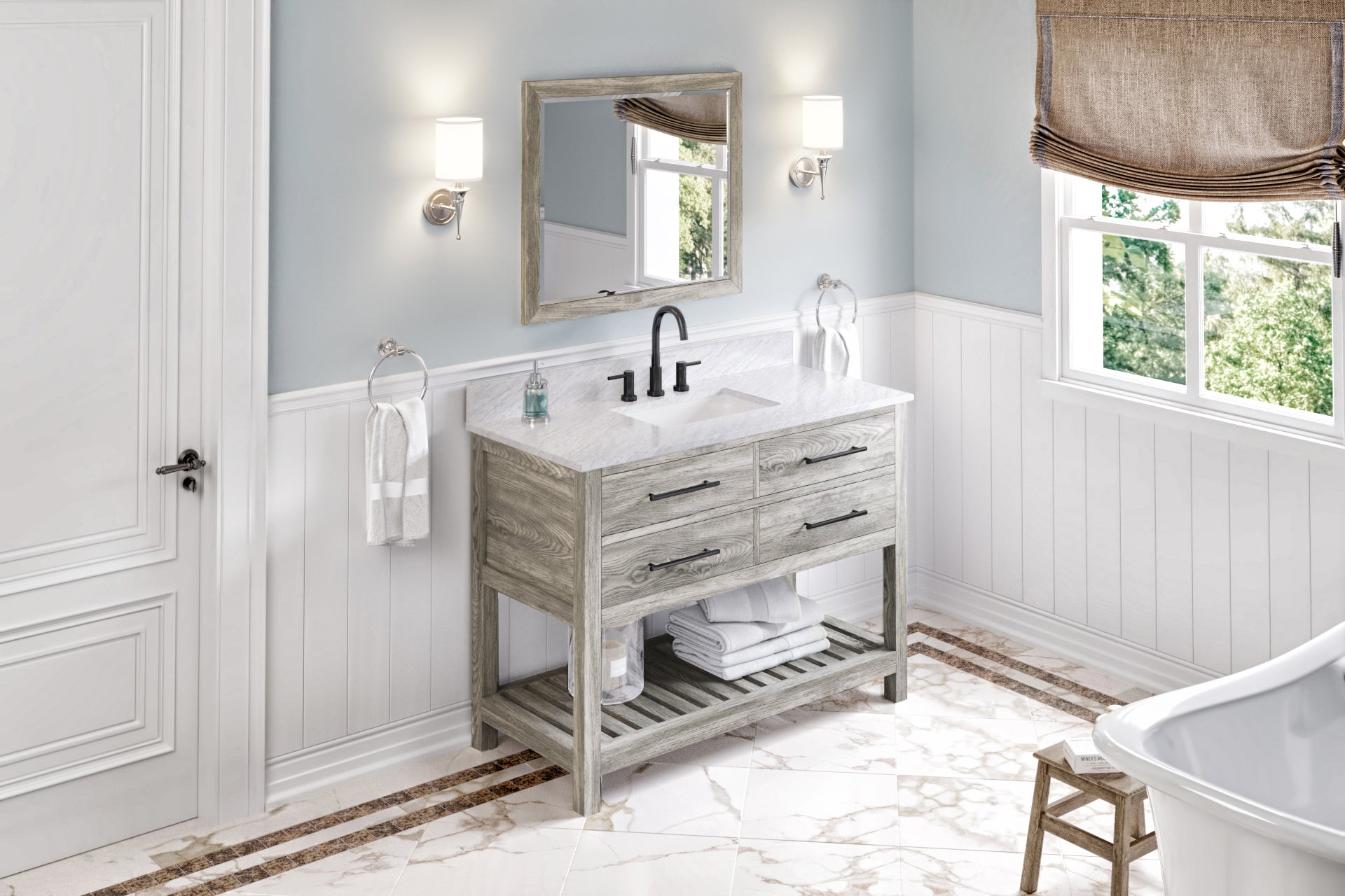 48" Weathered Grey Wavecrest Vanity, White Carrara Marble Vanity Top, undermount rectangle bowl | KitchBath