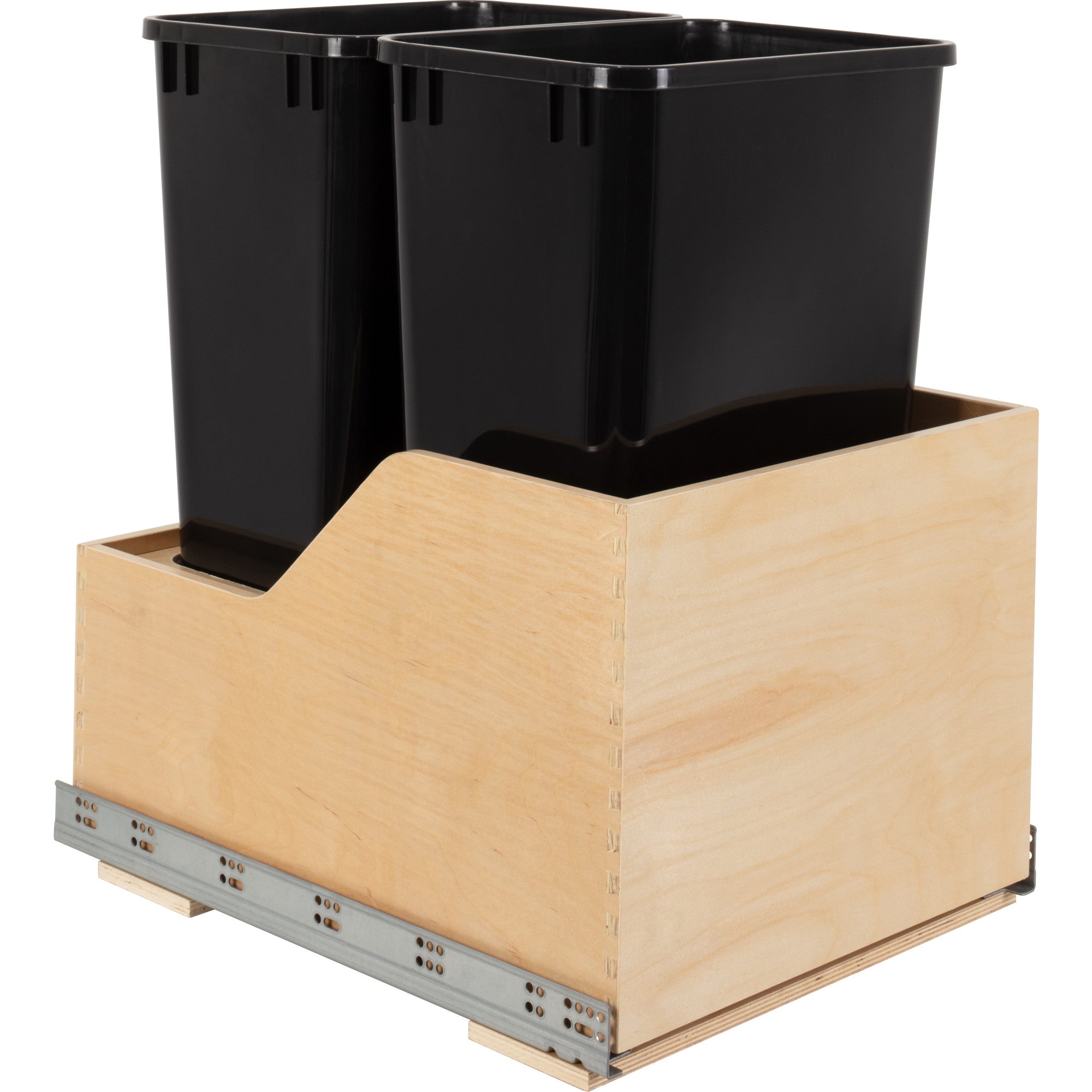Double 50 Quart Wood Bottom-Mount Soft-close Trashcan Rollout for Hinged Doors, Includes Two Black Cans | KitchBath