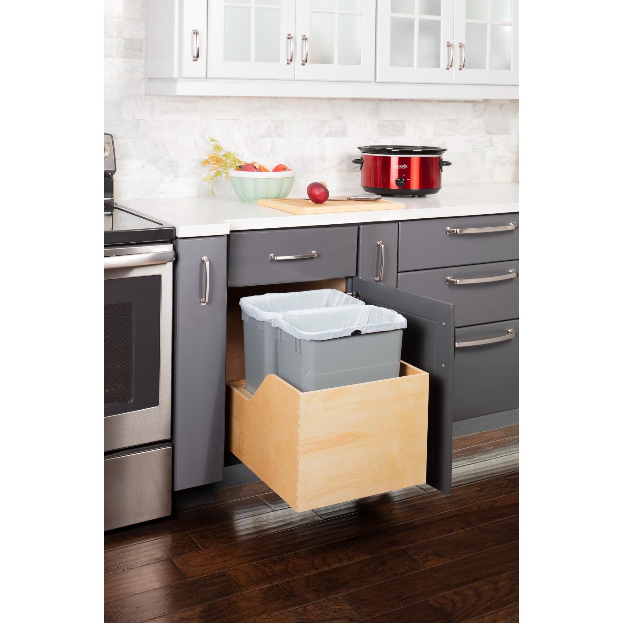 Double 35 Quart Wood Bottom-Mount Soft-close Trashcan Rollout for Hinged Doors, Includes Two Grey Cans | KitchBath
