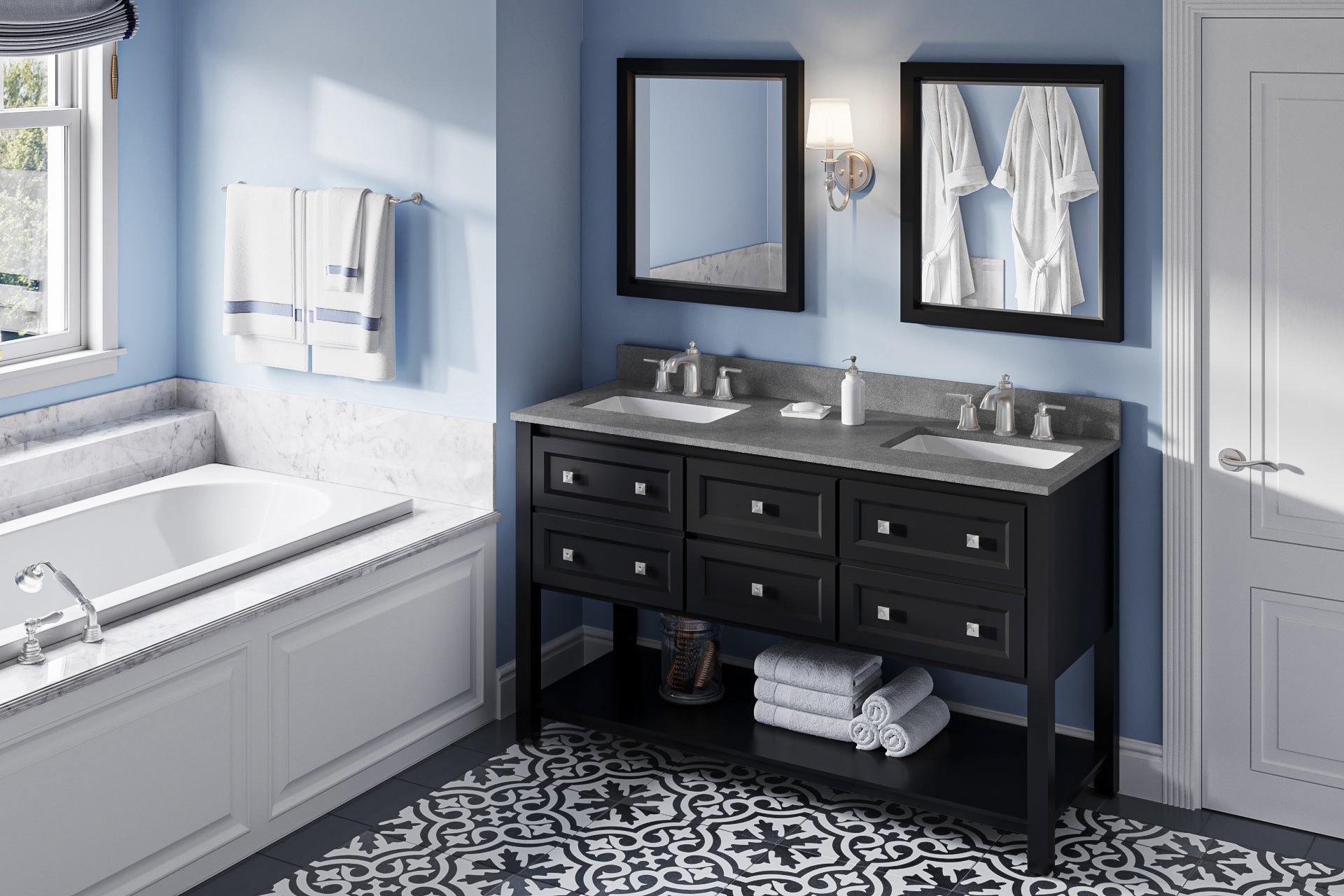 60" Black Adler Vanity, double bowl, Steel Grey Cultured Marble Vanity Top, two undermount rectangle bowls