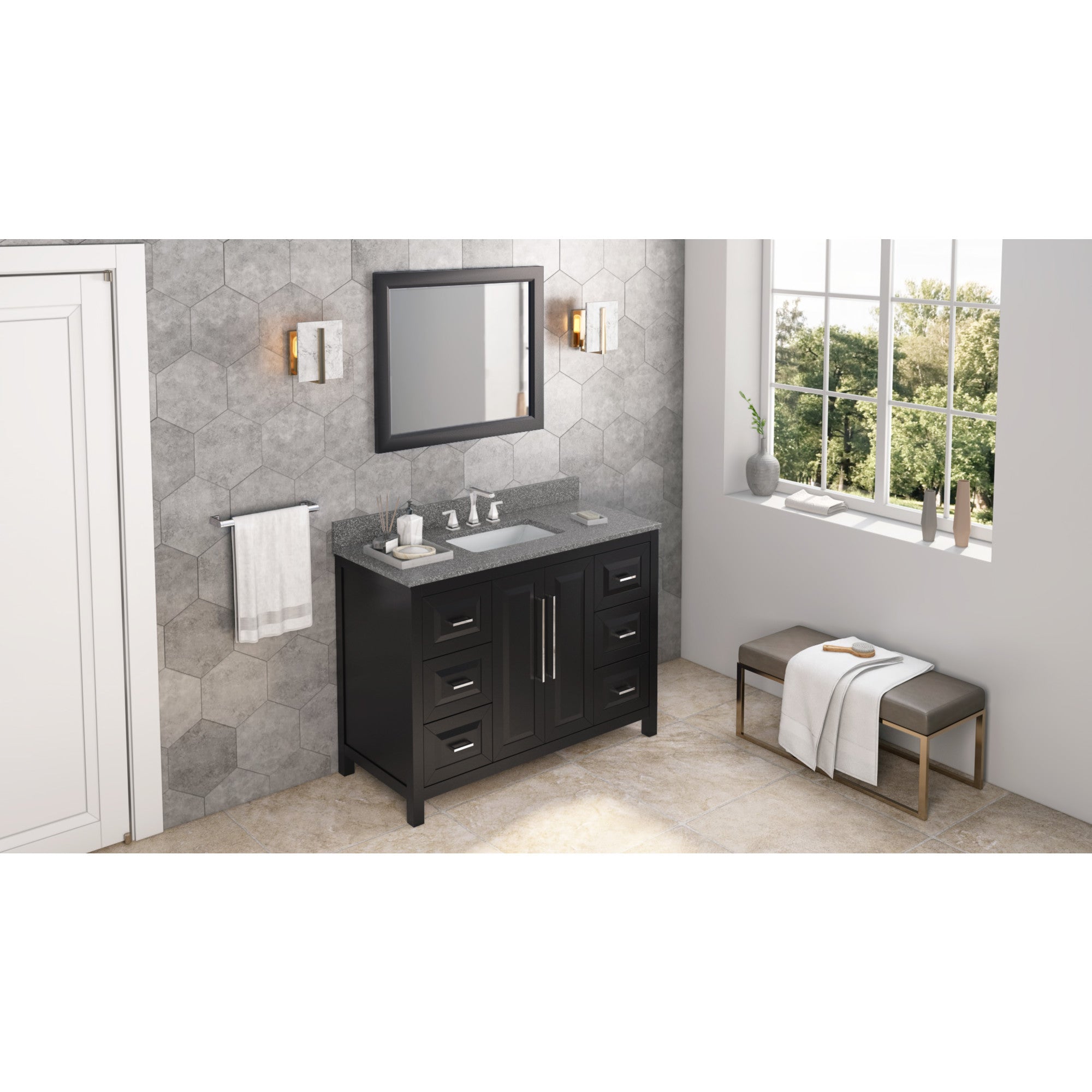 48" Black Cade Vanity, Boulder Cultured Marble Vanity Top, undermount rectangle bowl | KitchBath