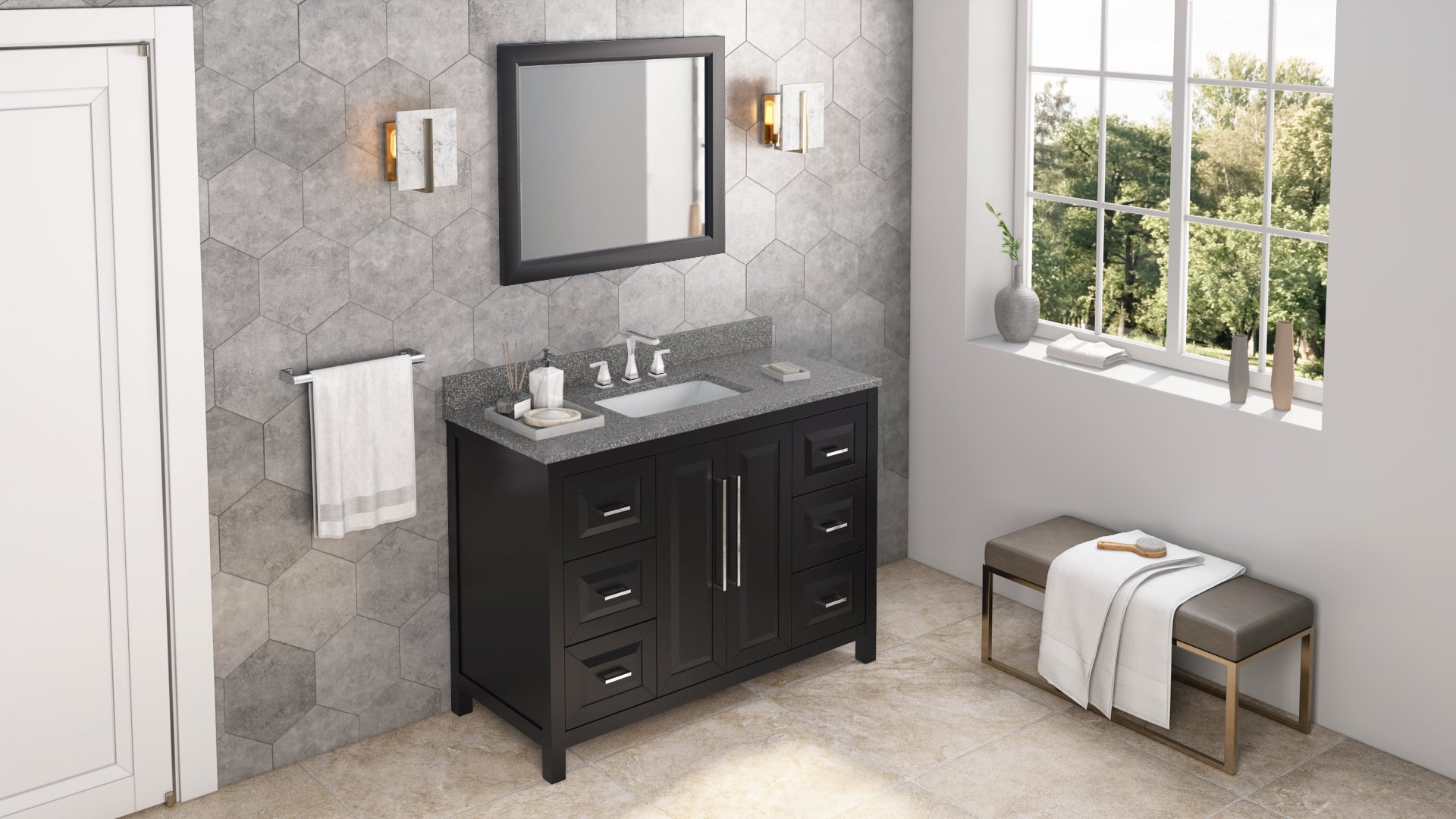 48" Black Cade Vanity, Boulder Cultured Marble Vanity Top, undermount rectangle bowl