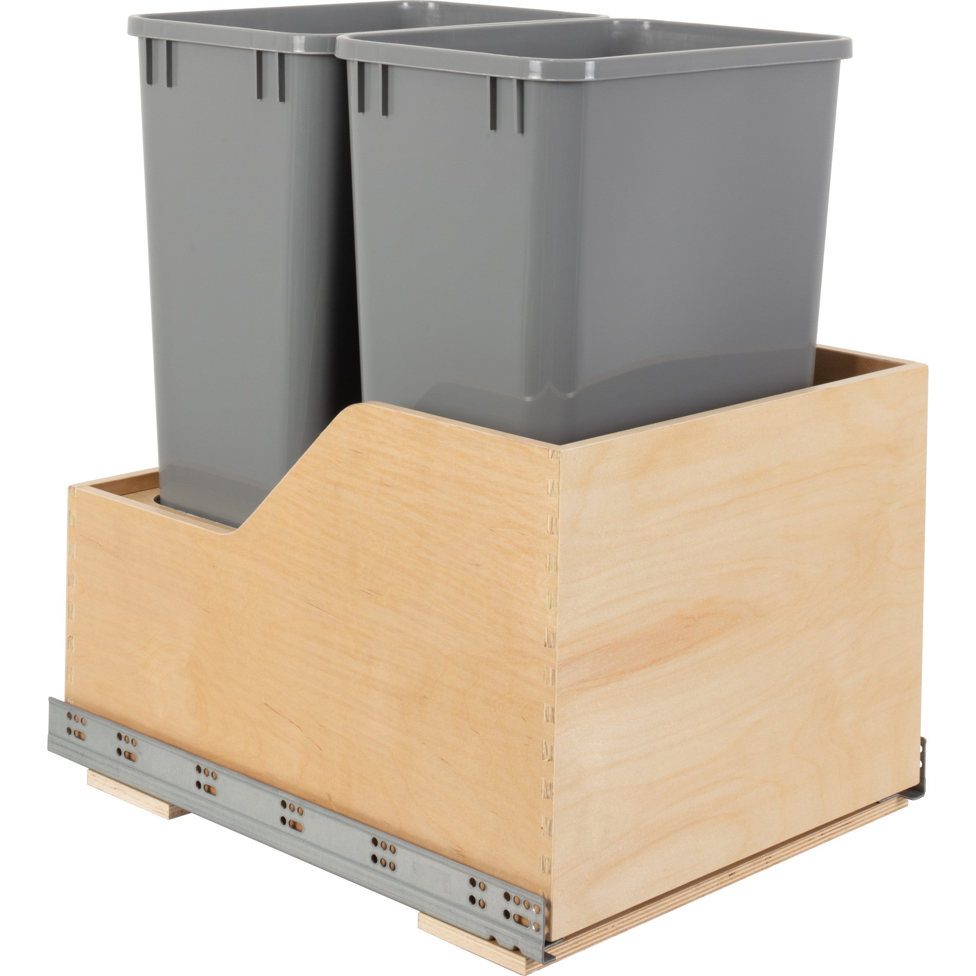 Double 50 Quart Wood Bottom-Mount Soft-close Trashcan Rollout for Hinged Doors, Includes Two Grey Cans | KitchBath