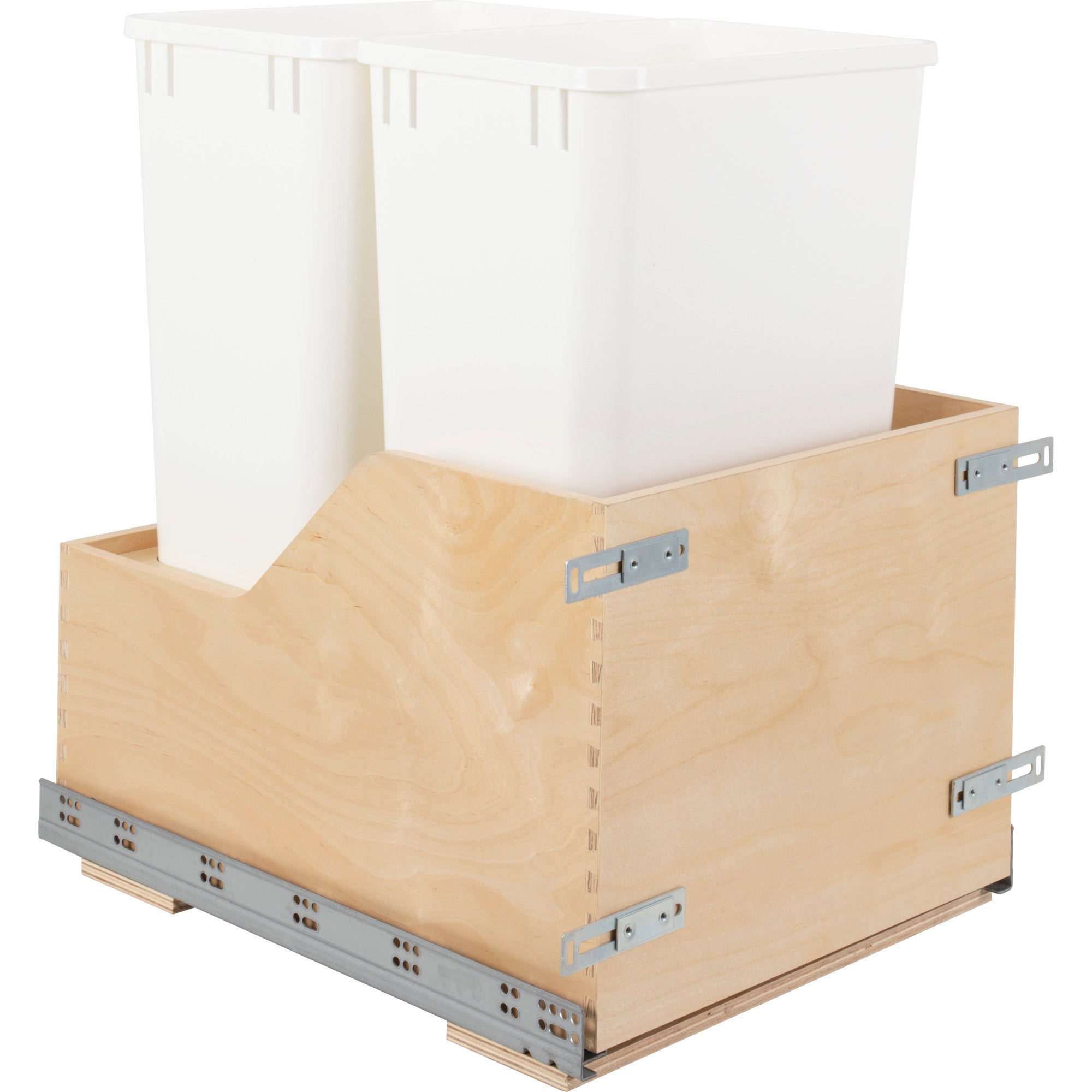 Double 50 Quart Wood Bottom-Mount Soft-close Trashcan Rollout for Door Mounting, Includes Two White Cans | KitchBath