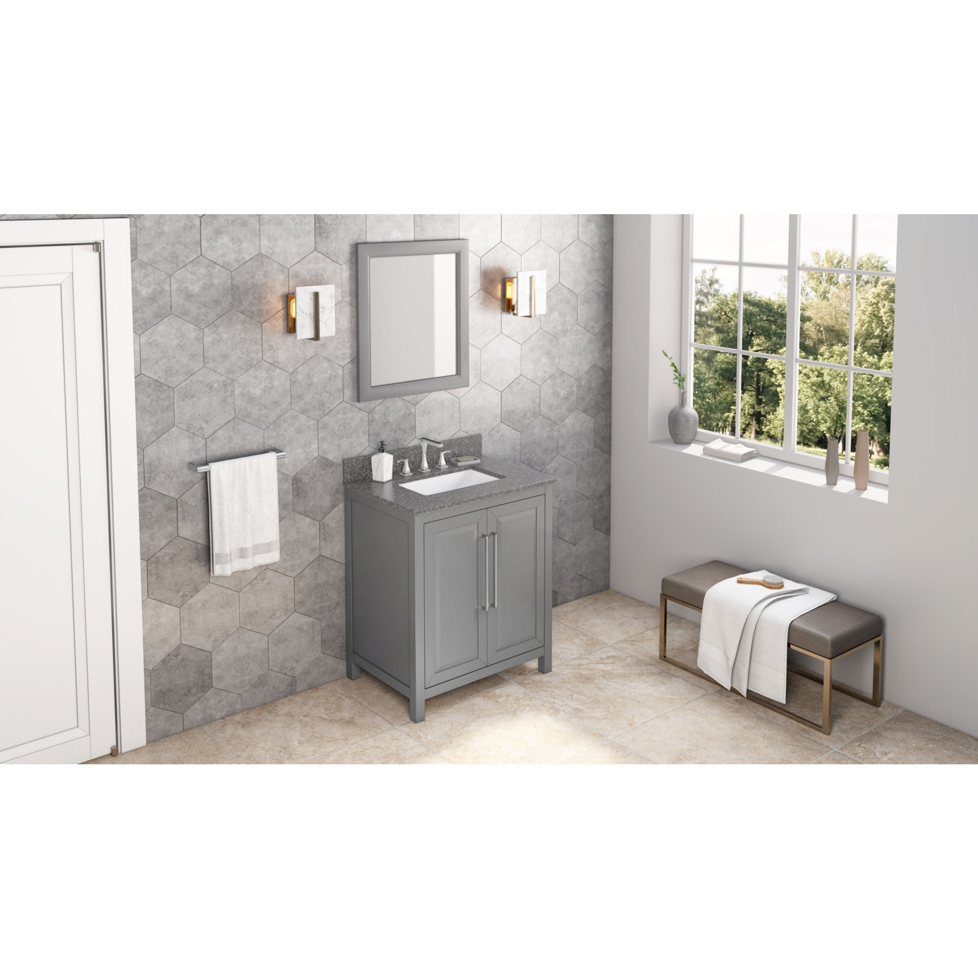 30" Grey Cade Vanity, Boulder Cultured Marble Vanity Top, undermount rectangle bowl | KitchBath