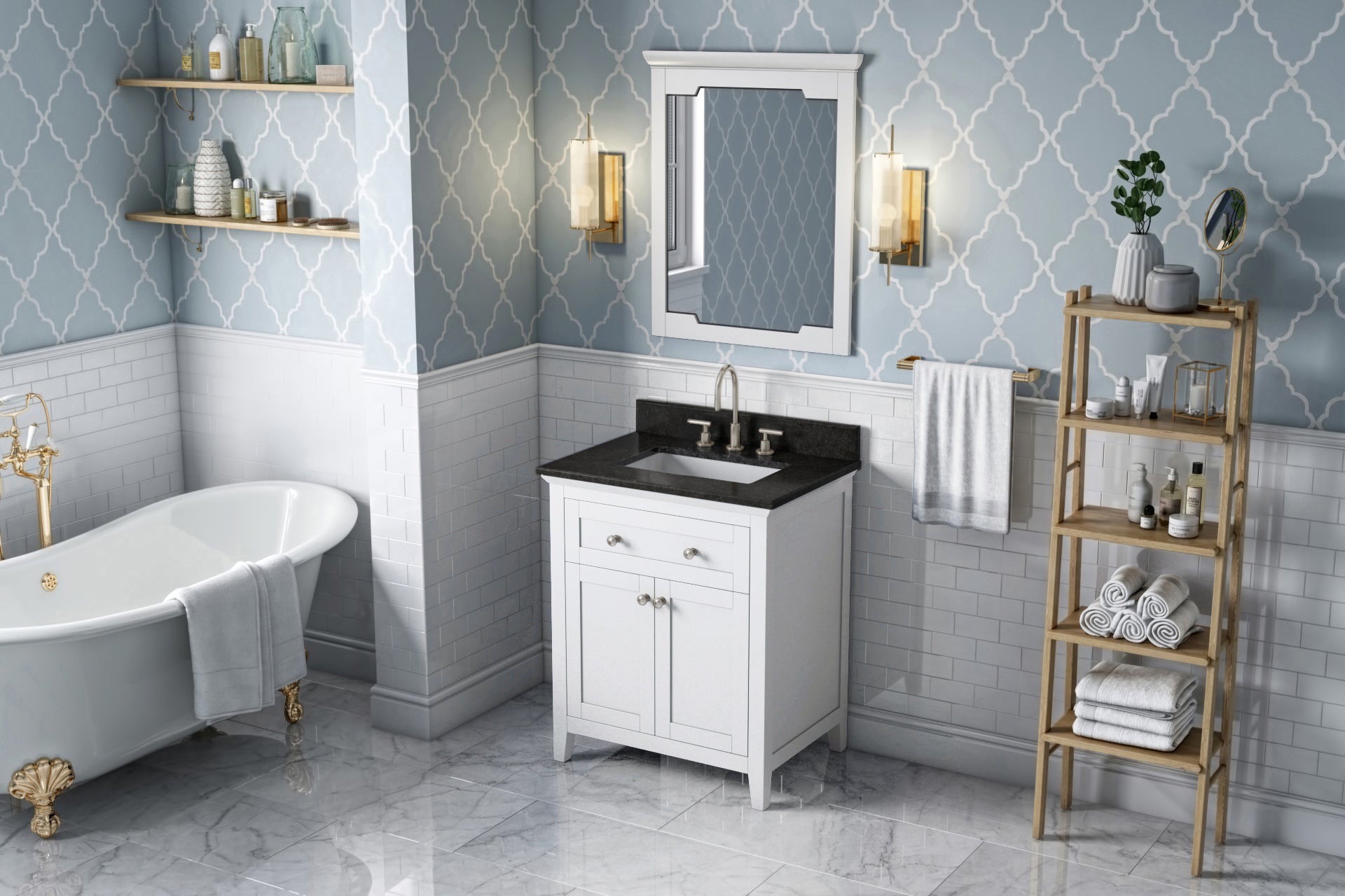 30" White Chatham Vanity, Black Granite Vanity Top, undermount rectangle bowl