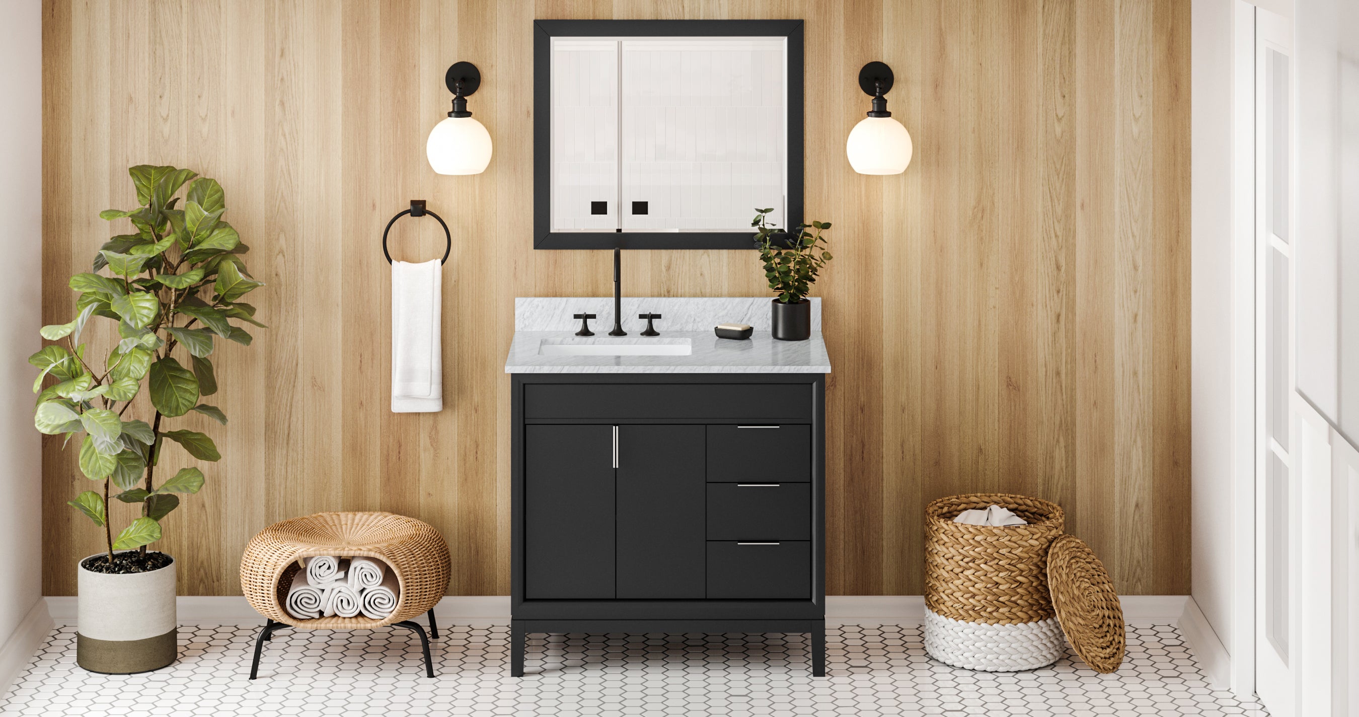 36" Black Theodora Vanity, left offset, White Carrara Marble Vanity Top, undermount rectangle bowl | KitchBath