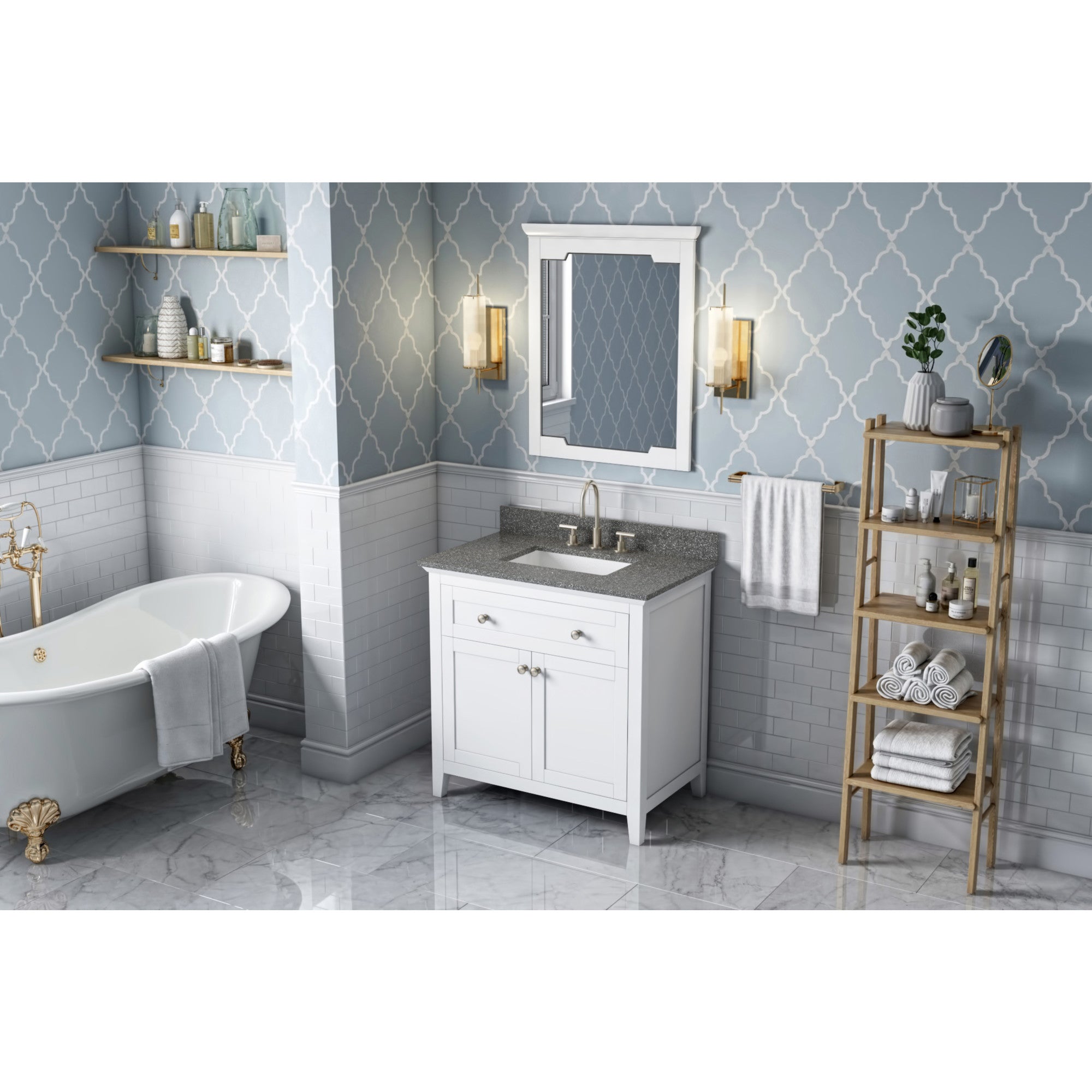 36" White Chatham Vanity, Boulder Cultured Marble Vanity Top, undermount rectangle bowl | KitchBath