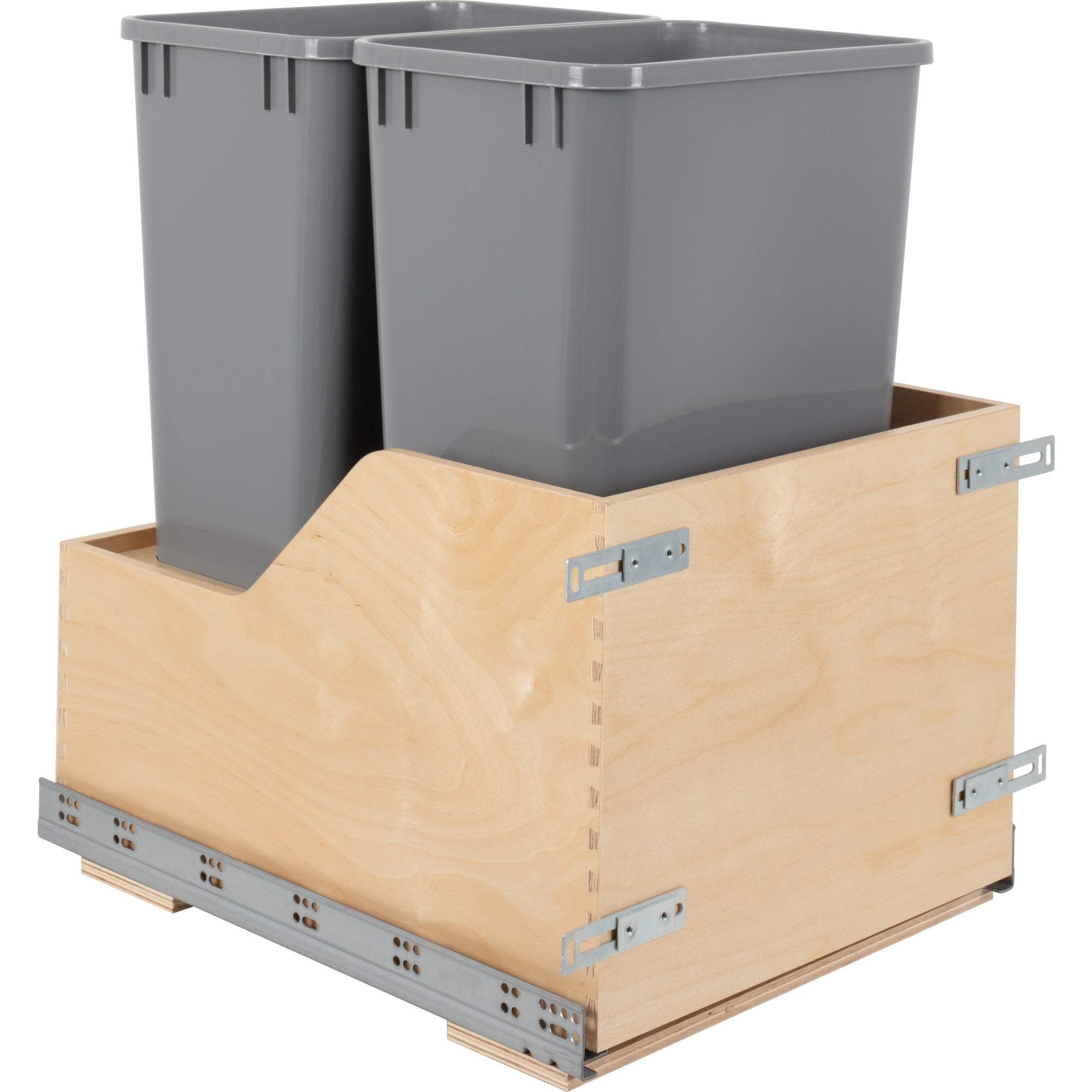 Double 50 Quart Wood Bottom-Mount Soft-close Trashcan Rollout for Door Mounting, Includes Two Grey Cans | KitchBath