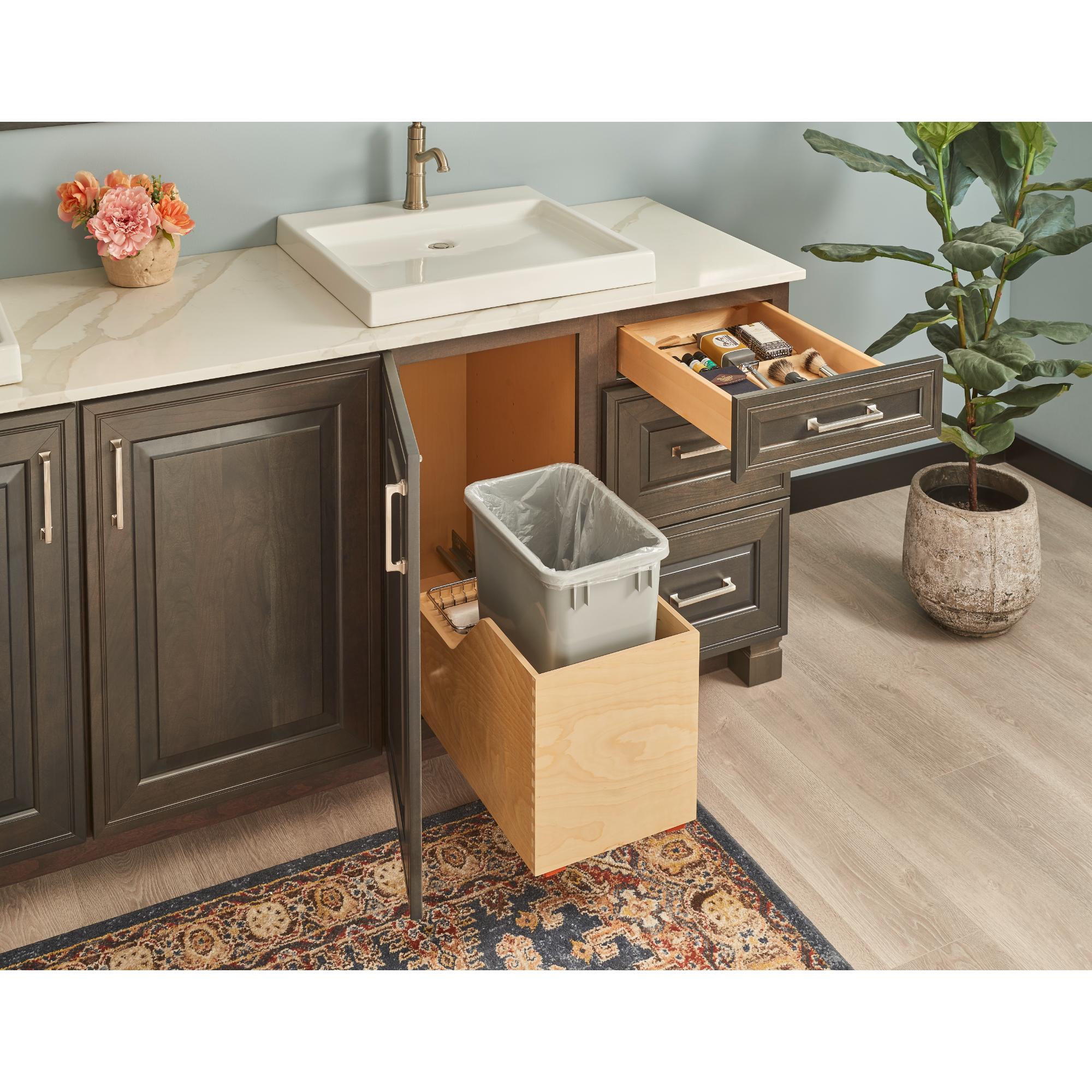 Single 35 Quart Wood Bottom-Mount Soft-close Trashcan Rollout for Hinged Doors, Includes Grey Can | KitchBath