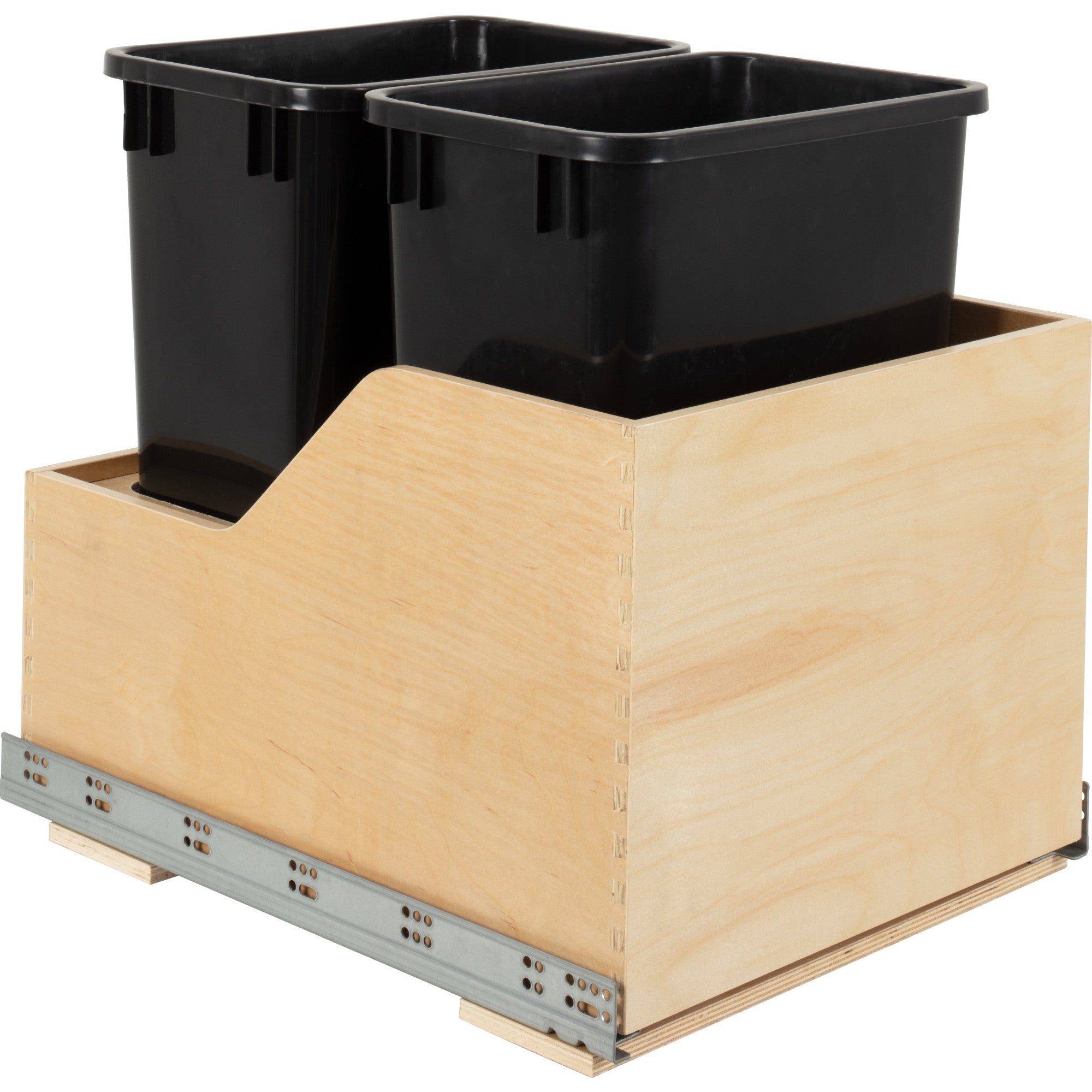 Double 35 Quart Wood Bottom-Mount Soft-close Trashcan Rollout for Hinged Doors, Includes Two Black Cans | KitchBath