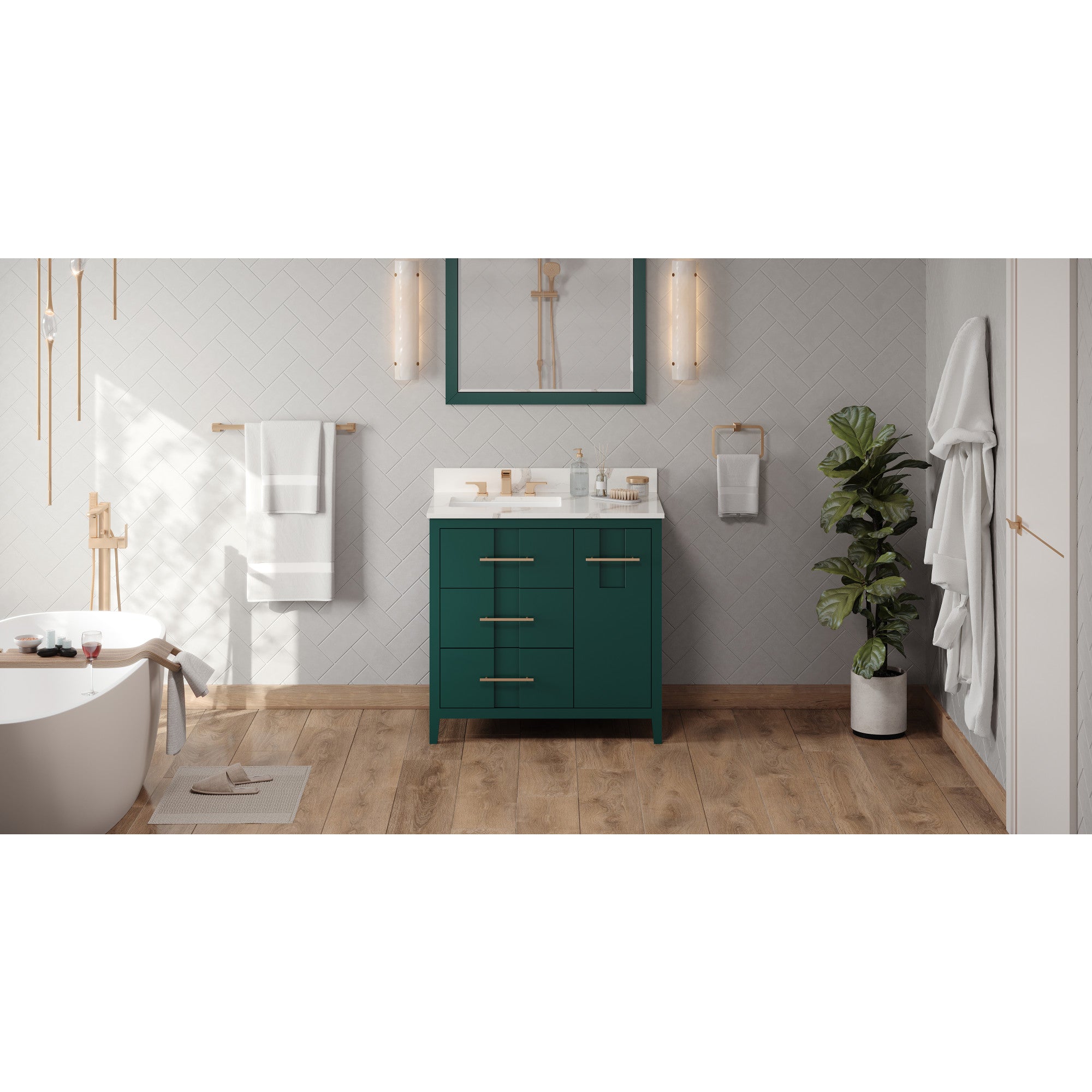 36" Forest Green Katara Vanity, left offset, Calacatta Vienna Quartz Vanity Top, undermount rectangle bowl | KitchBath