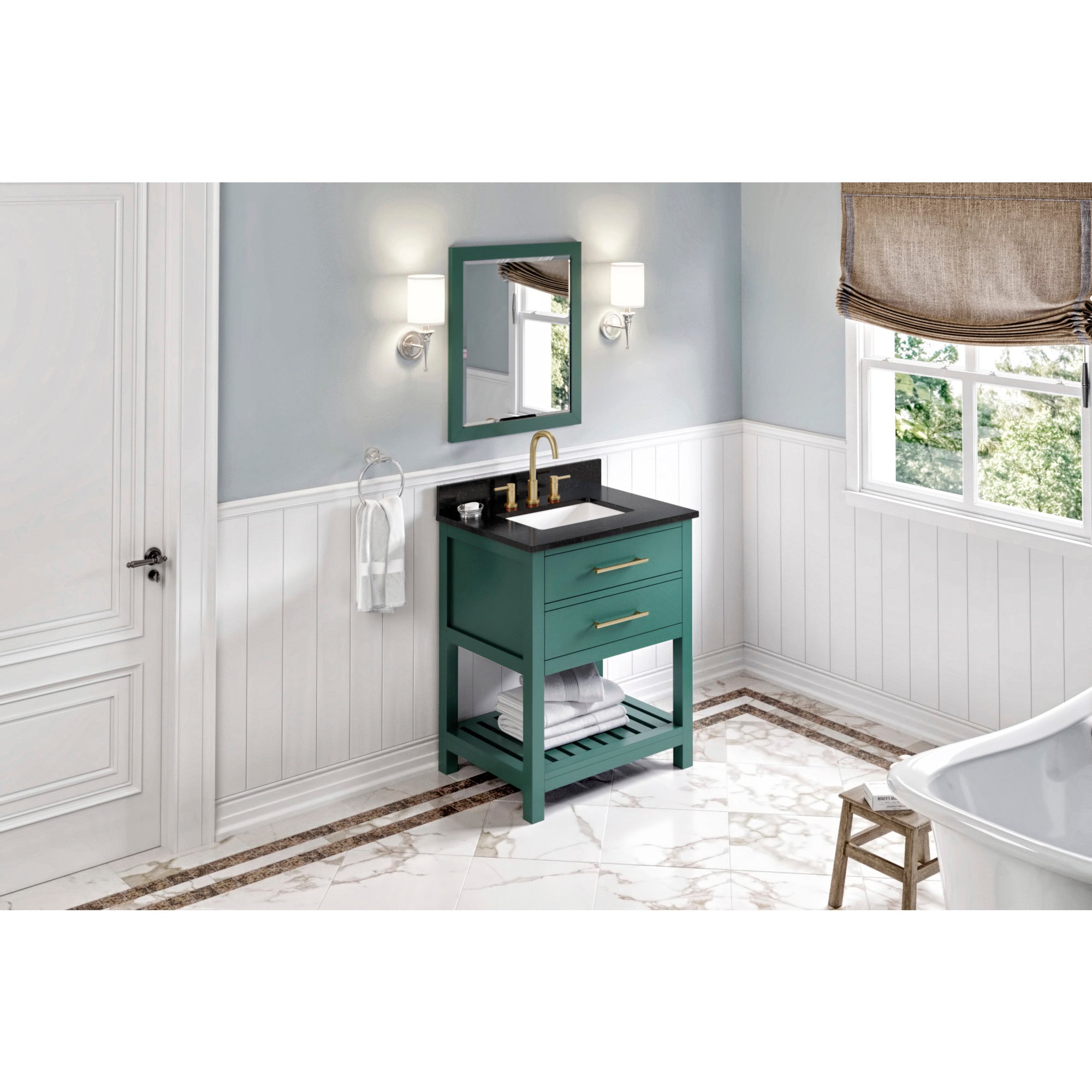 30" Forest Green Wavecrest Vanity, Black Granite Vanity Top, undermount rectangle bowl | KitchBath