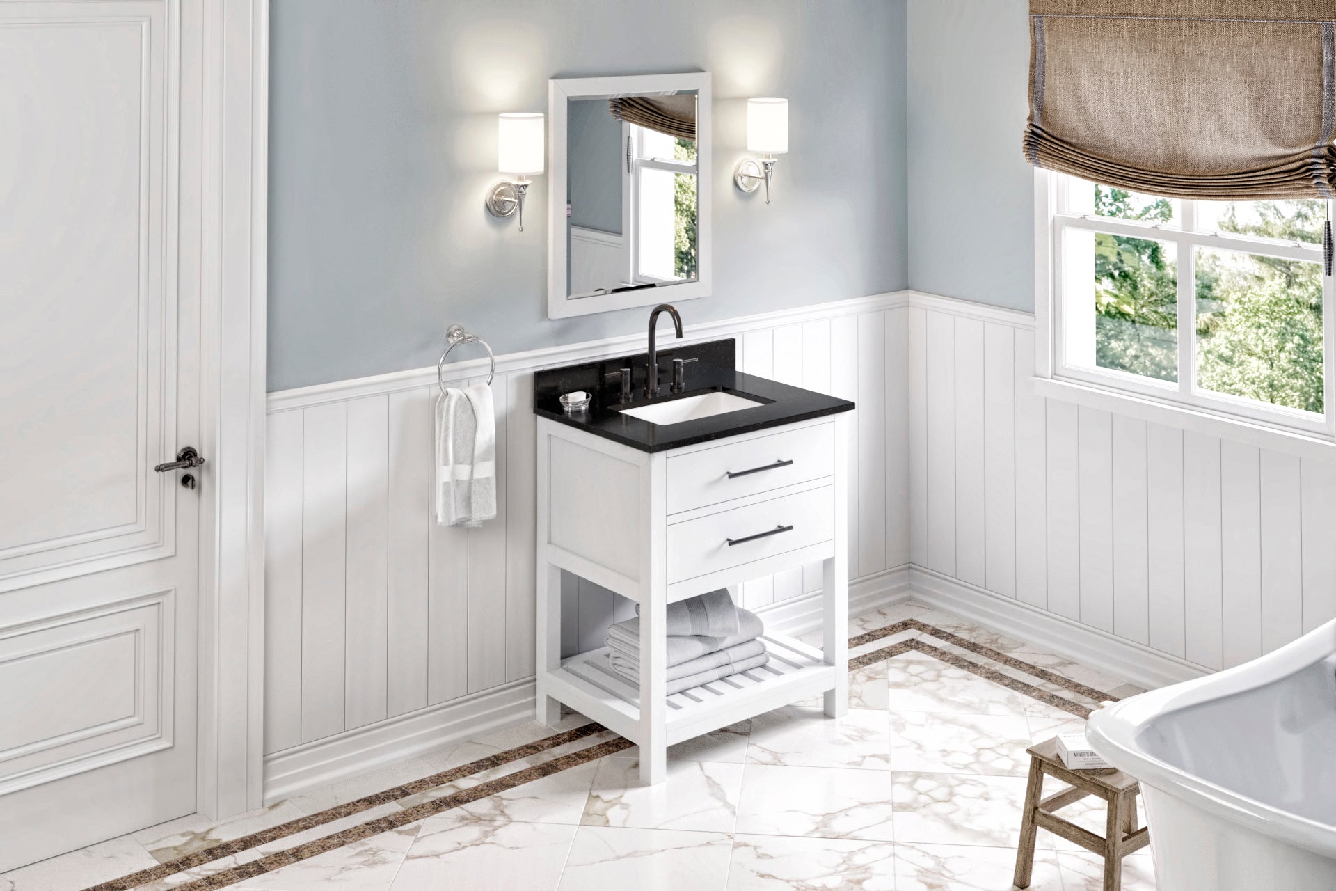 30" White Wavecrest Vanity, Black Granite Vanity Top, undermount rectangle bowl