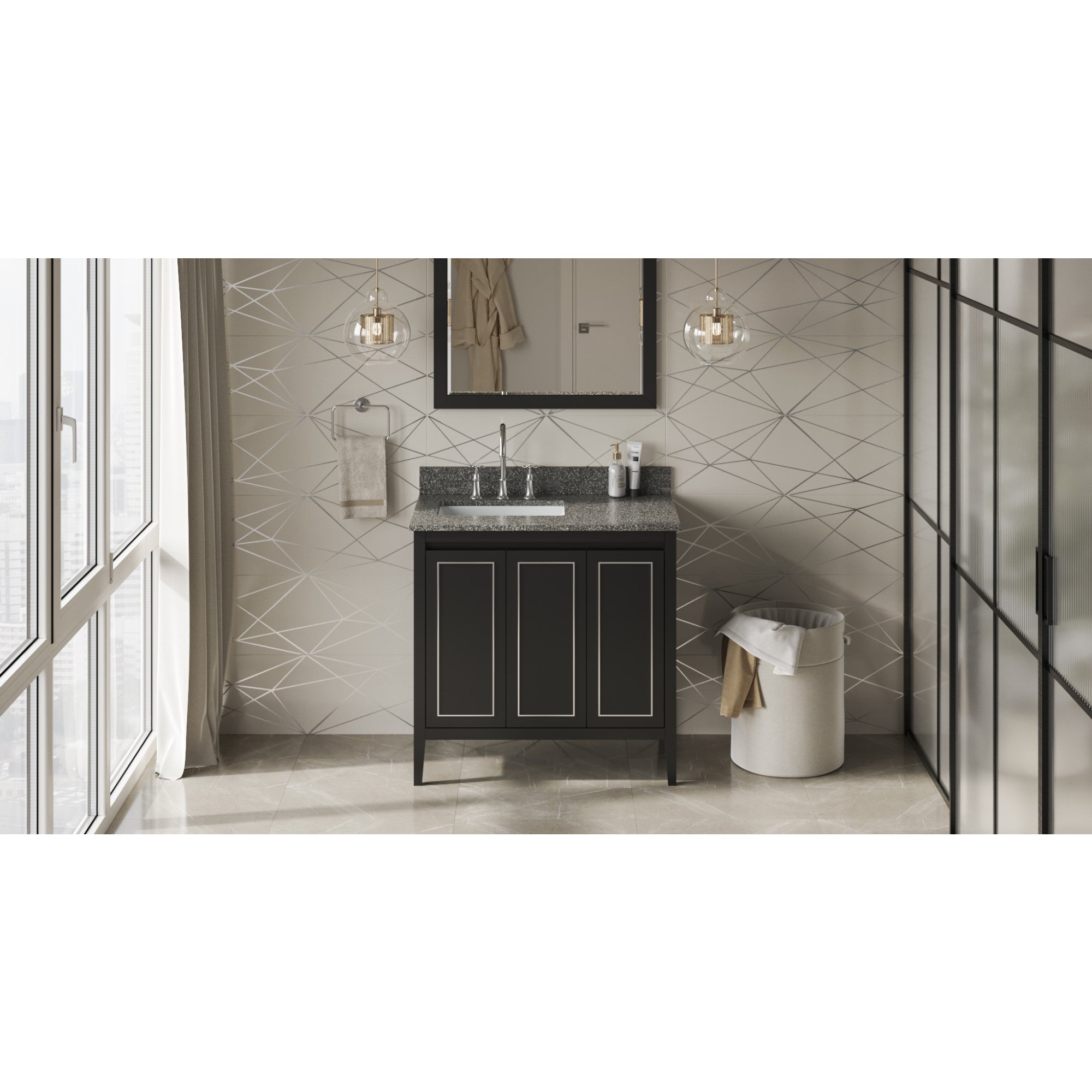 36" Black Percival Vanity, left offset, Boulder Vanity Cultured Marble Vanity Top, undermount rectangle bowl | KitchBath