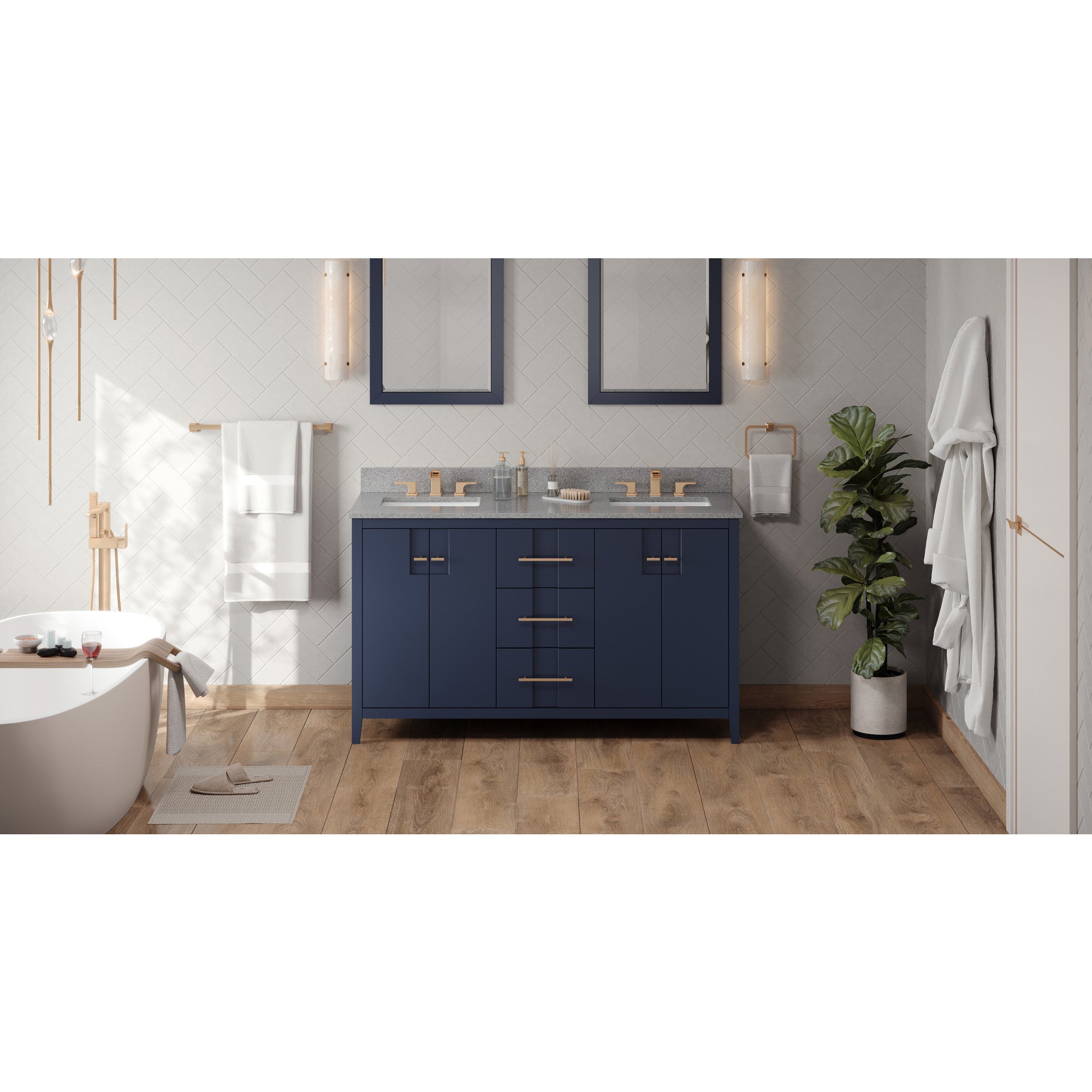 60" Hale Blue Katara Vanity, double bowl, Steel Grey Cultured Marble Vanity Top, two undermount rectangle bowls | KitchBath