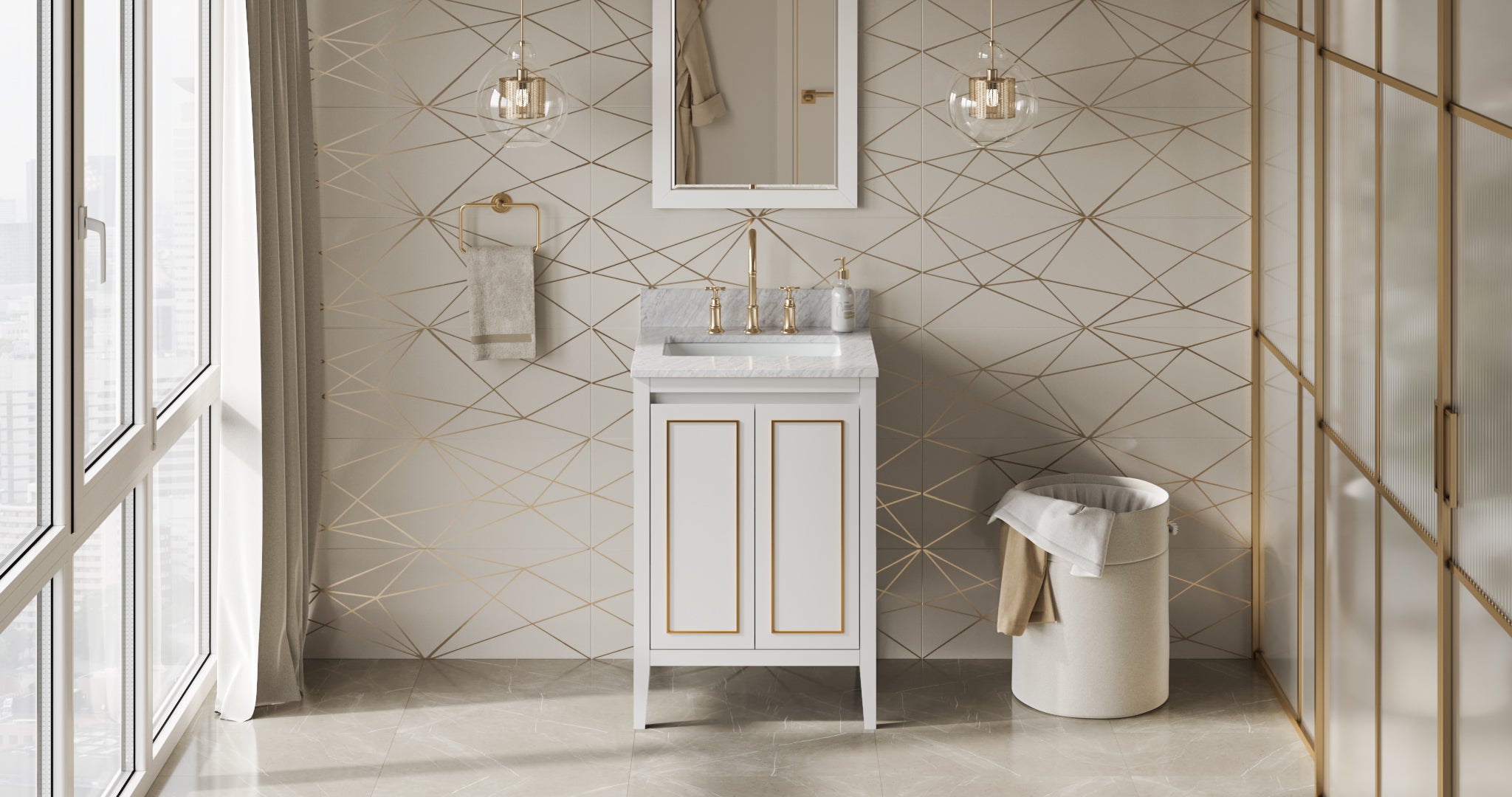 24" White Percival Vanity, White Carrara Marble Vanity Top, undermount rectangle bowl | KitchBath