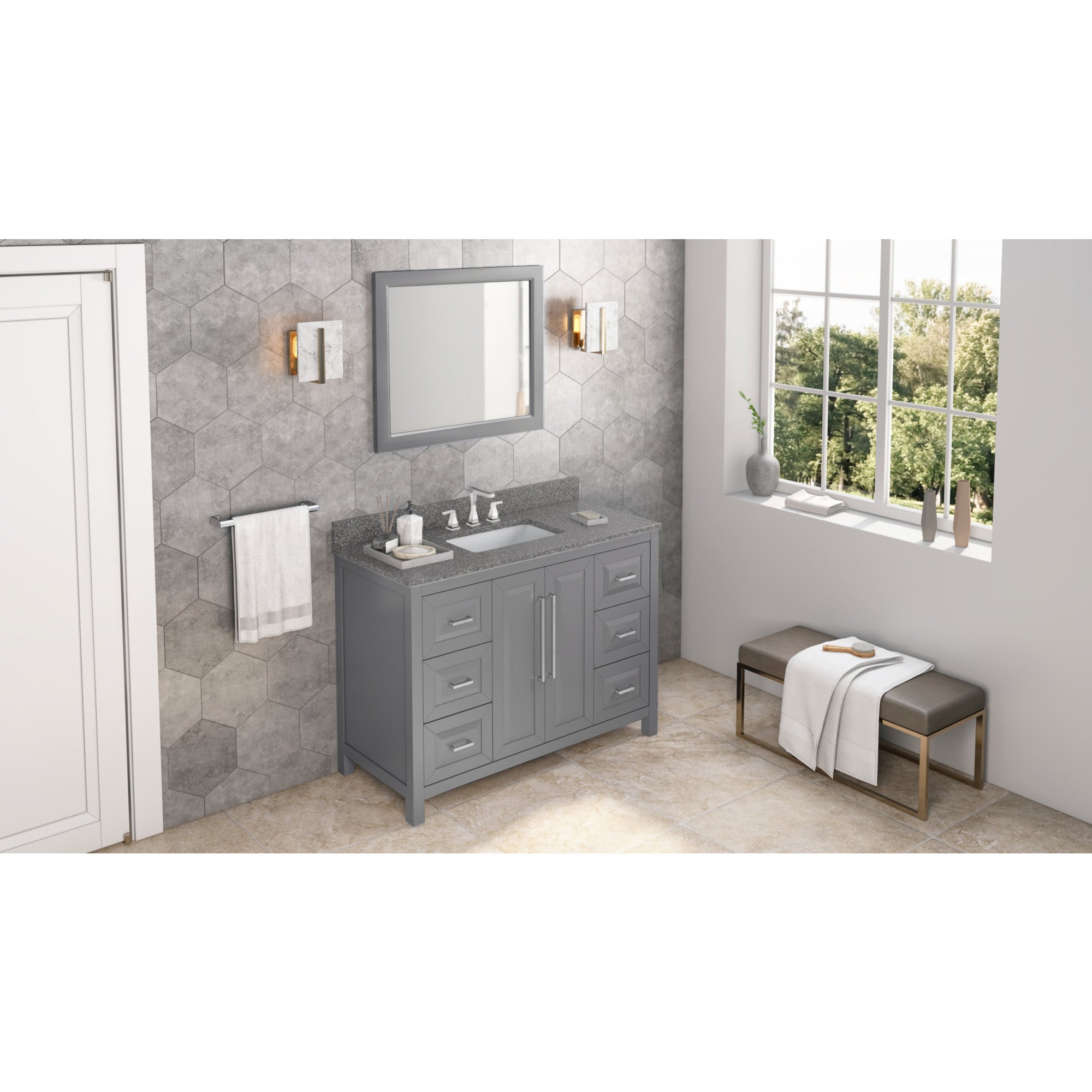 48" Grey Cade Vanity, Boulder Cultured Marble Vanity Top, undermount rectangle bowl | KitchBath