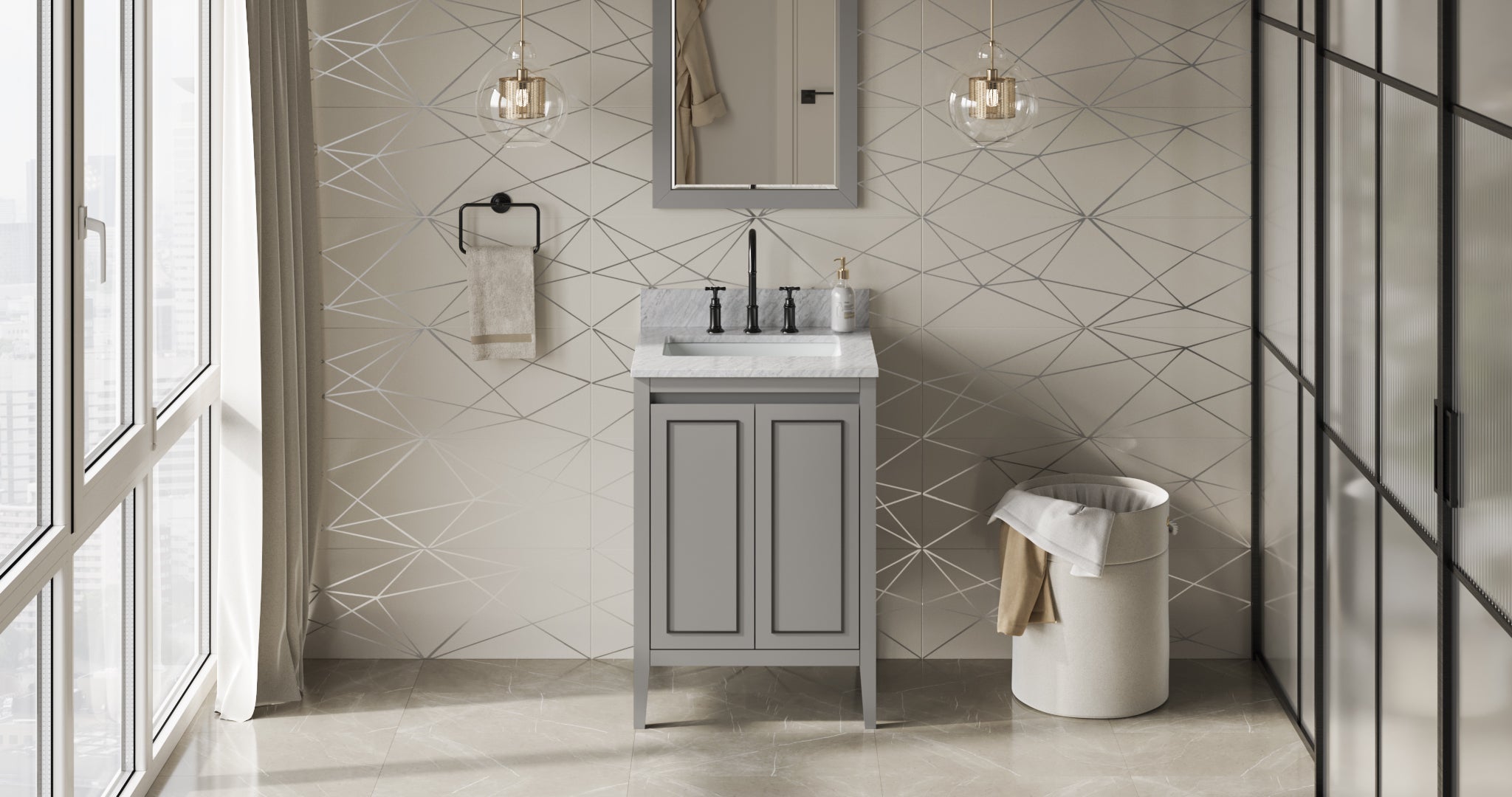24" Grey Percival Vanity, White Carrara Marble Vanity Top, undermount rectangle bowl | KitchBath
