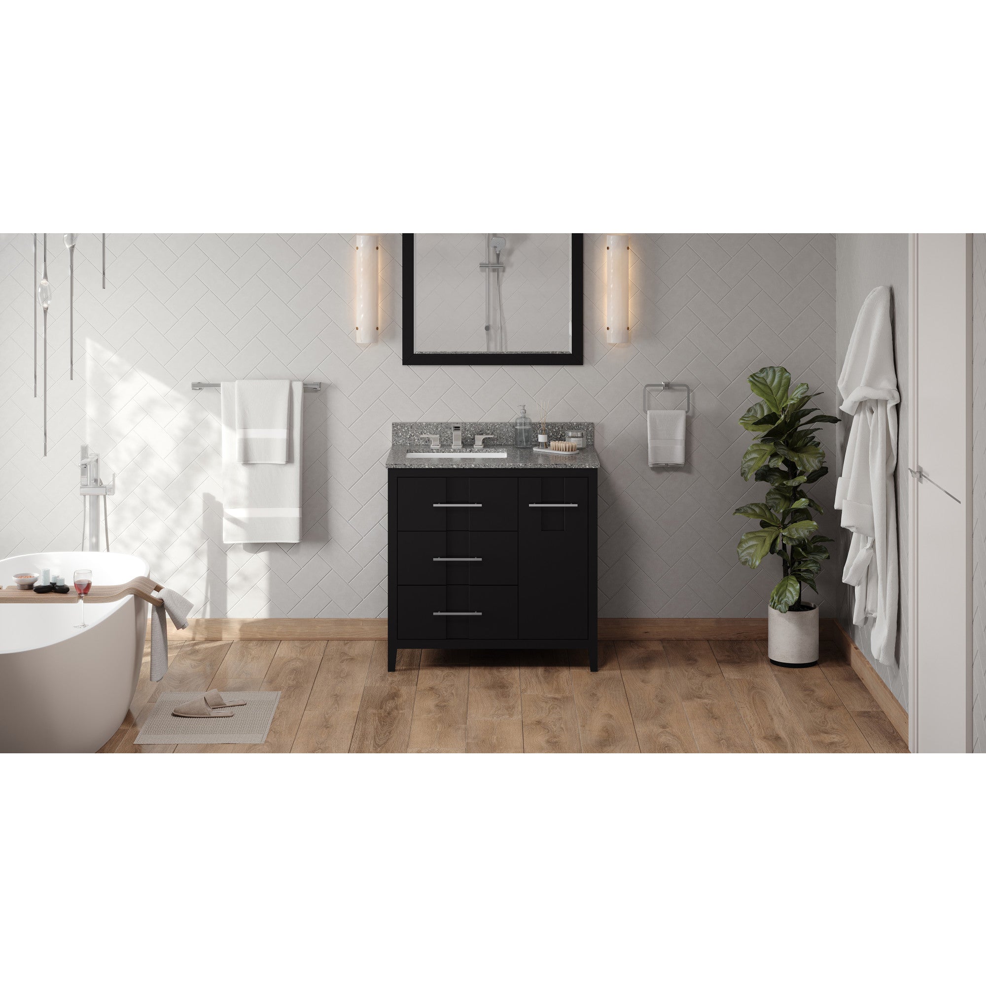 36" Black Katara Vanity, left offset, Boulder Vanity Cultured Marble Vanity Top, undermount rectangle bowl | KitchBath