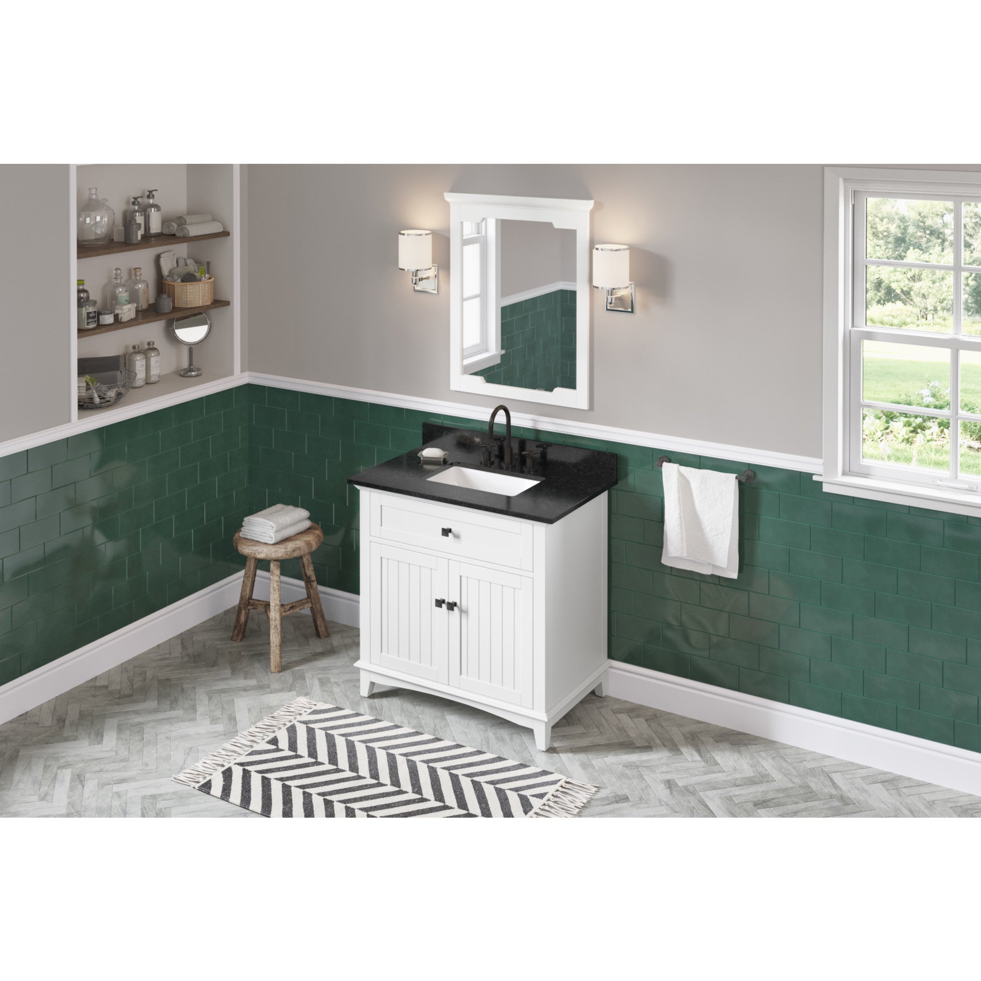 36" White Savino Vanity, Black Granite Vanity Top, undermount rectangle bowl | KitchBath