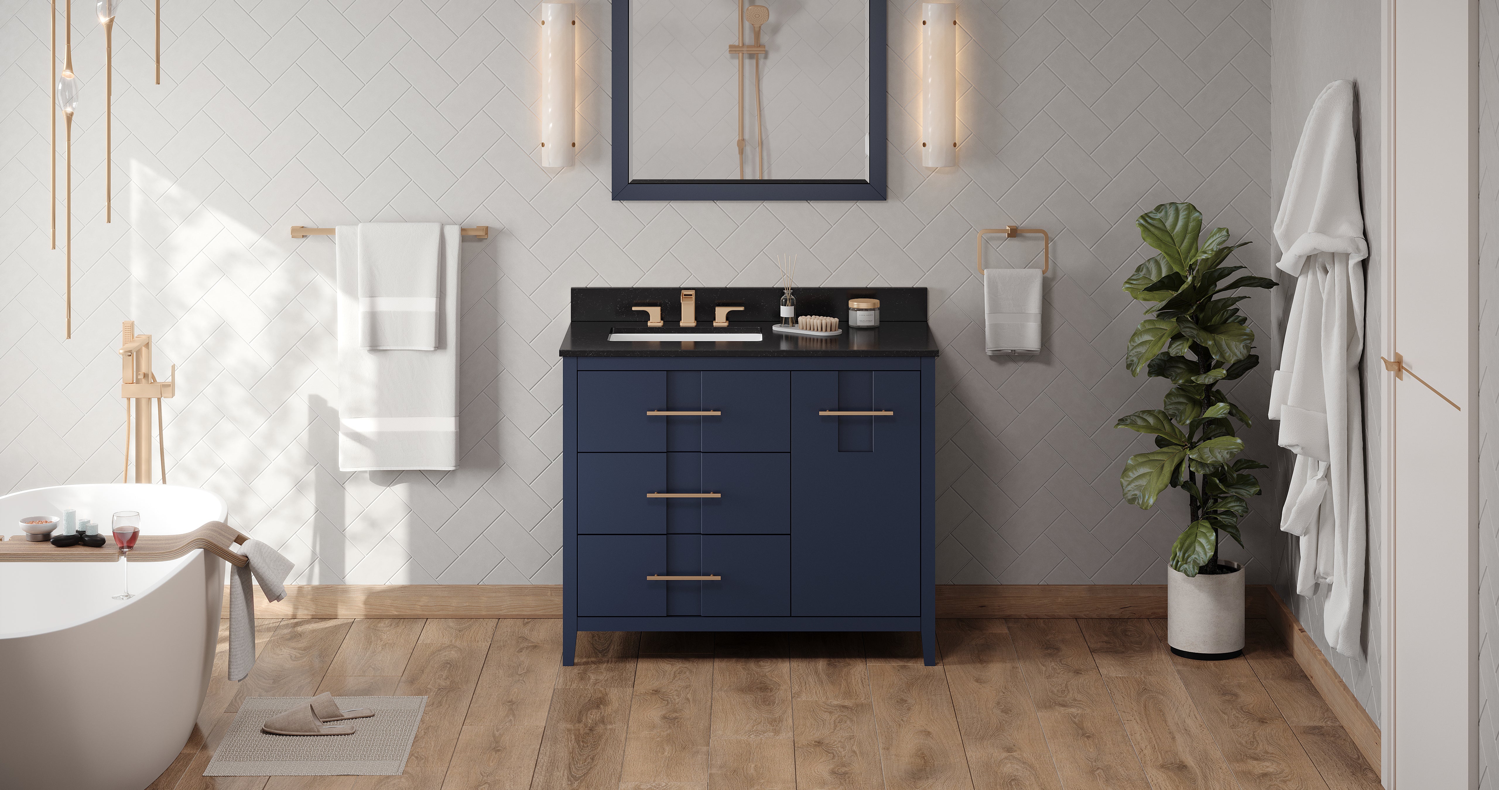 42" Hale Blue Katara Vanity, left offset, Black Granite Vanity Top, undermount rectangle bowl | KitchBath