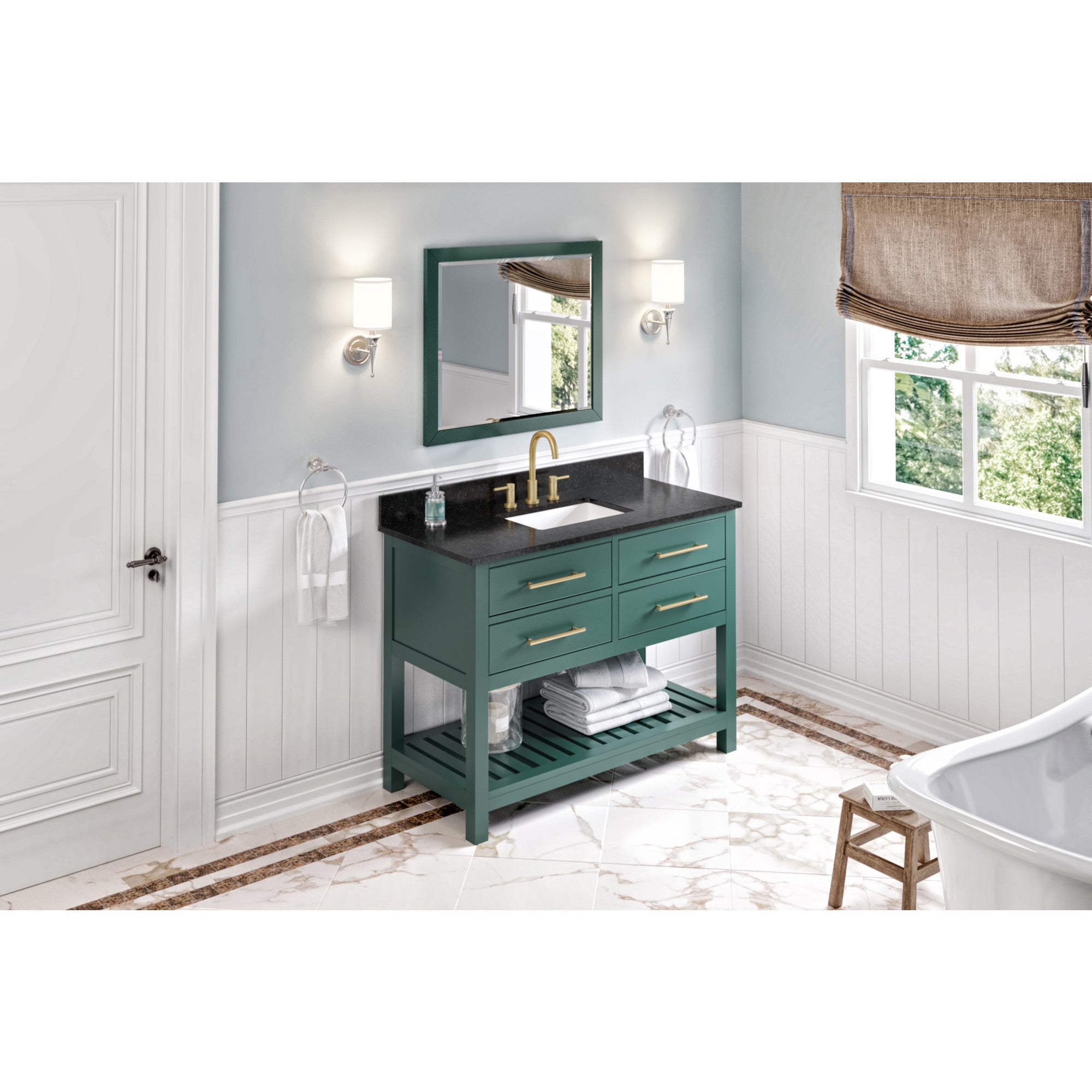 48" Forest Green Wavecrest Vanity, Black Granite Vanity Top, undermount rectangle bowl | KitchBath