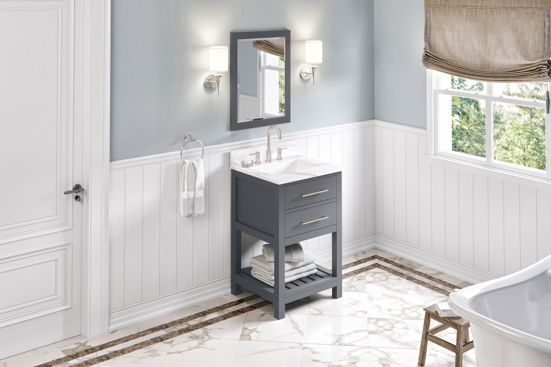24" Grey Wavecrest Vanity, Calacatta Vienna Quartz Vanity Top, undermount rectangle bowl