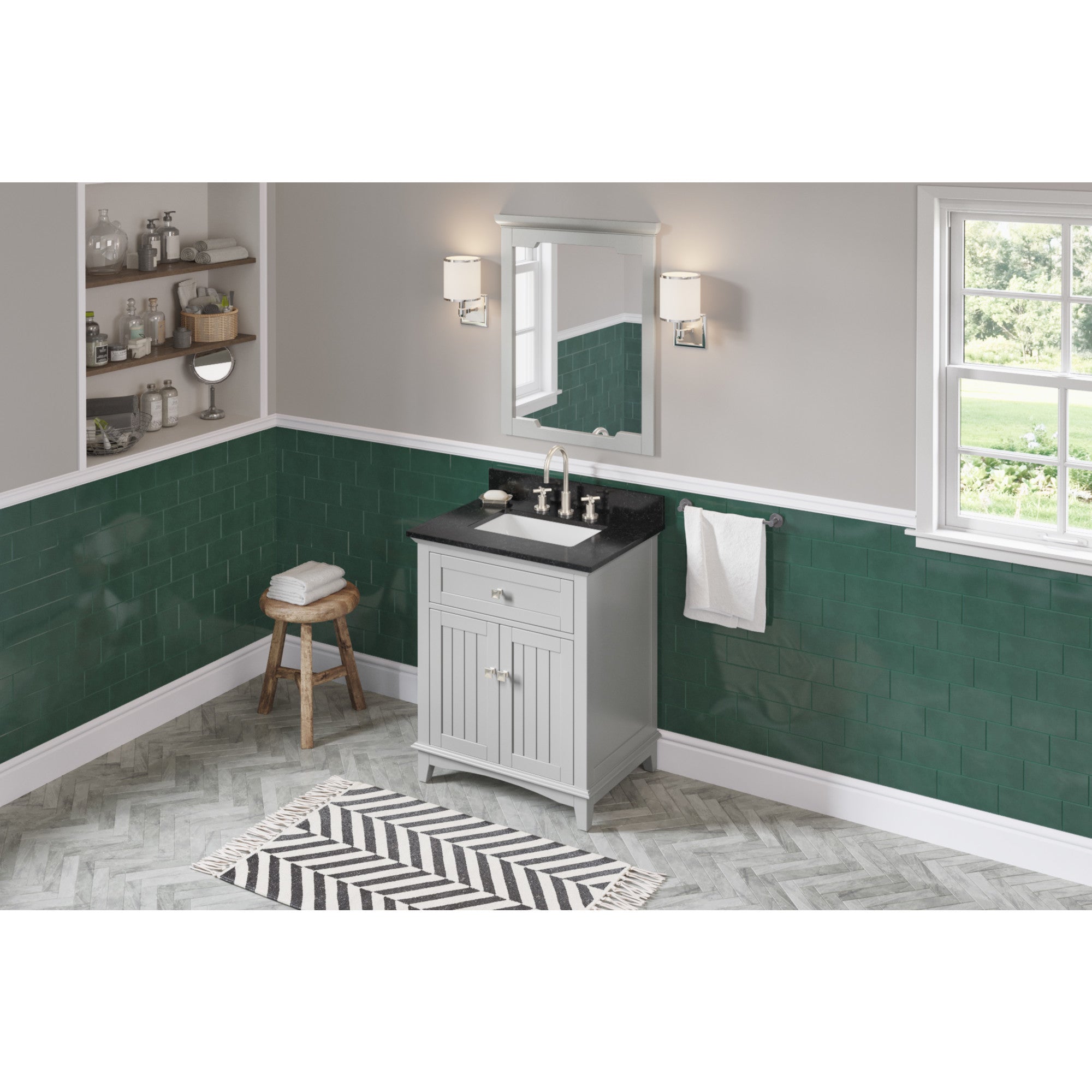 30" Grey Savino Vanity, Black Granite Vanity Top, undermount rectangle bowl | KitchBath