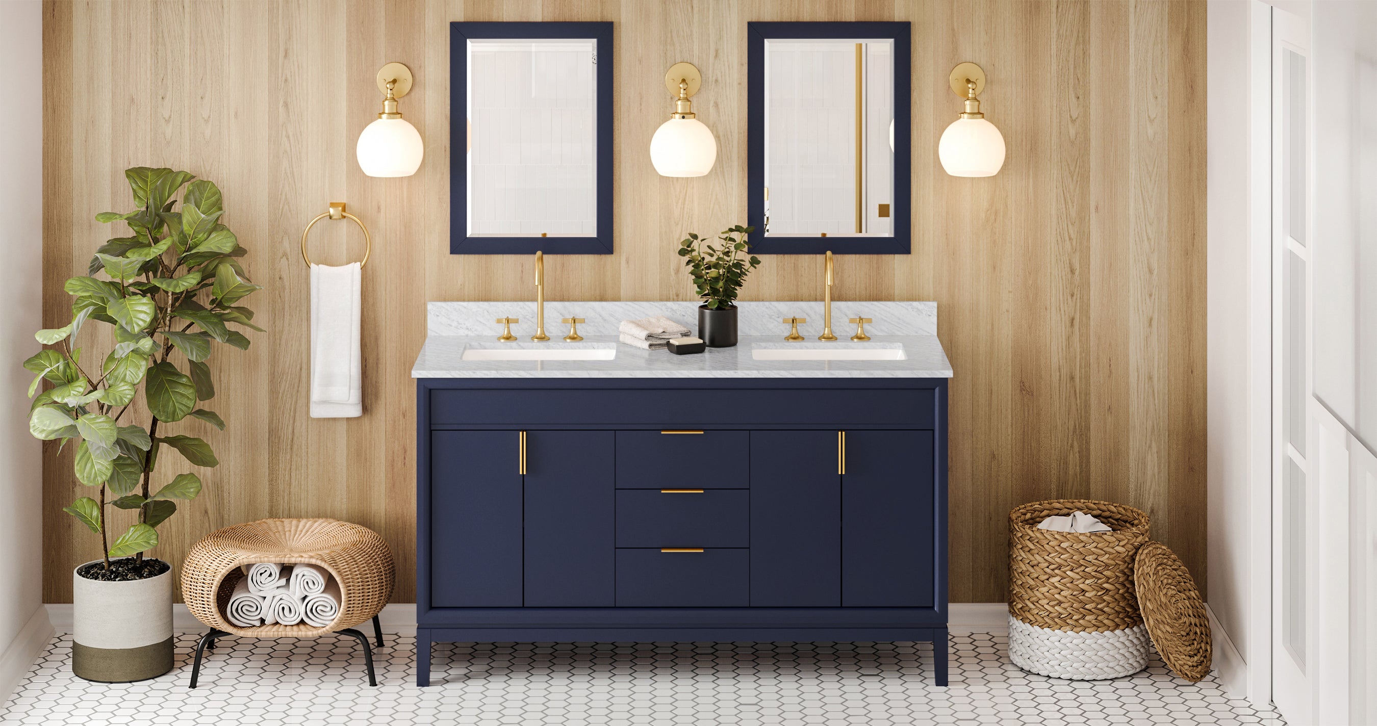 60" Hale Blue Theodora Vanity, double bowl, White Carrara Marble Vanity Top, two undermount rectangle bowls | KitchBath