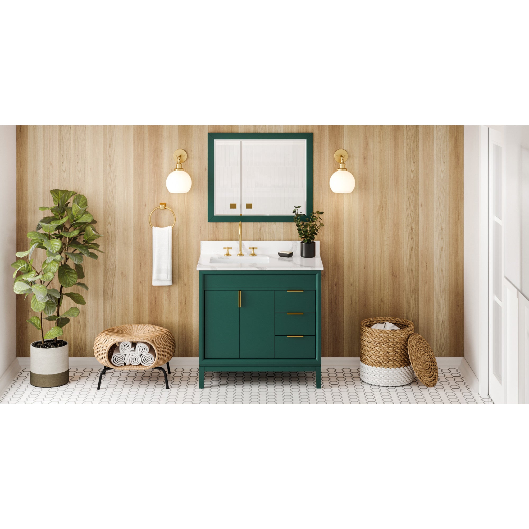 36" Forest Green Theodora Vanity, left offset, Calacatta Vienna Quartz Vanity Top, undermount rectangle bowl | KitchBath
