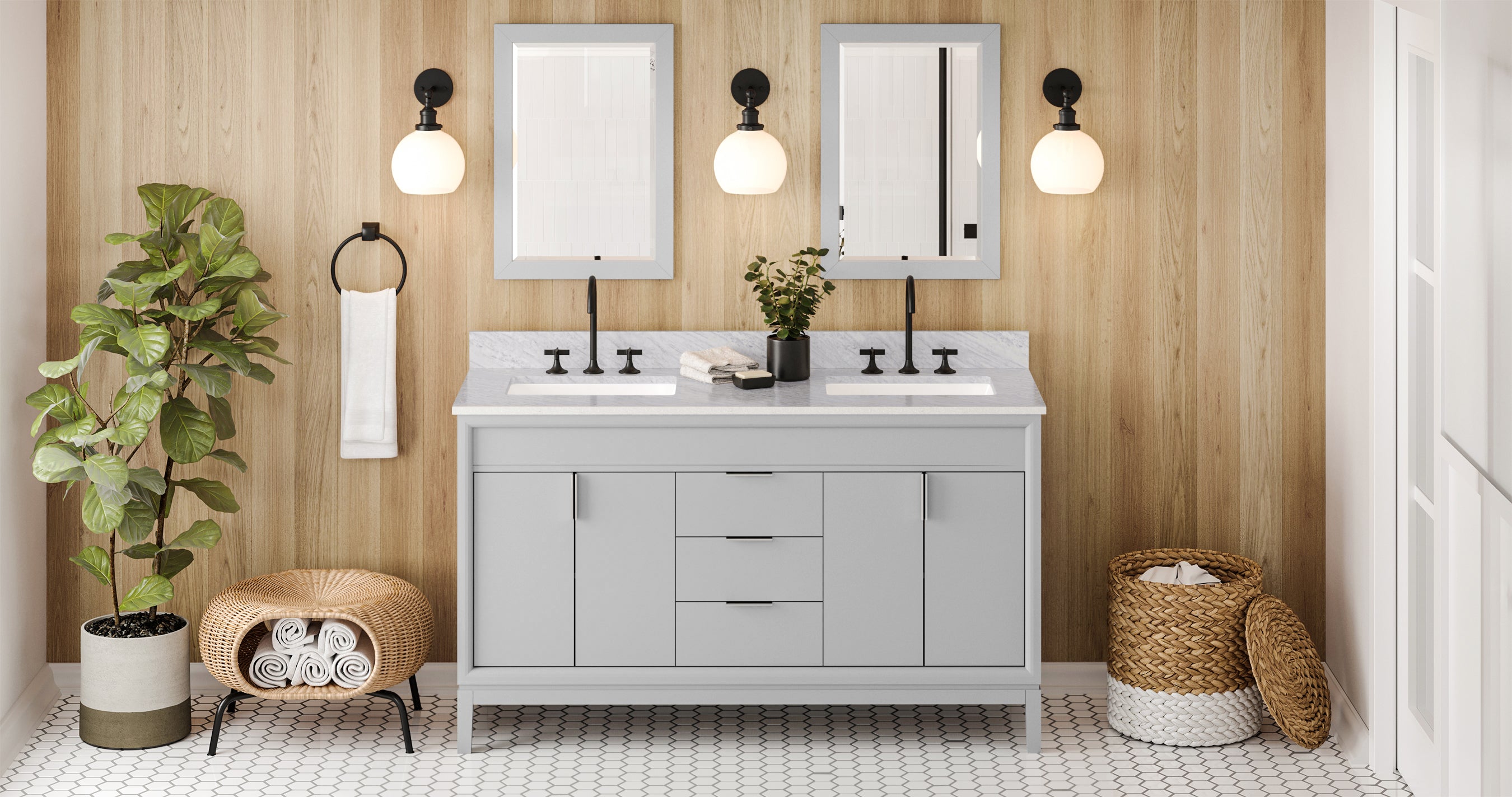 60" Grey Theodora Vanity, double bowl, White Carrara Marble Vanity Top, two undermount rectangle bowls | KitchBath