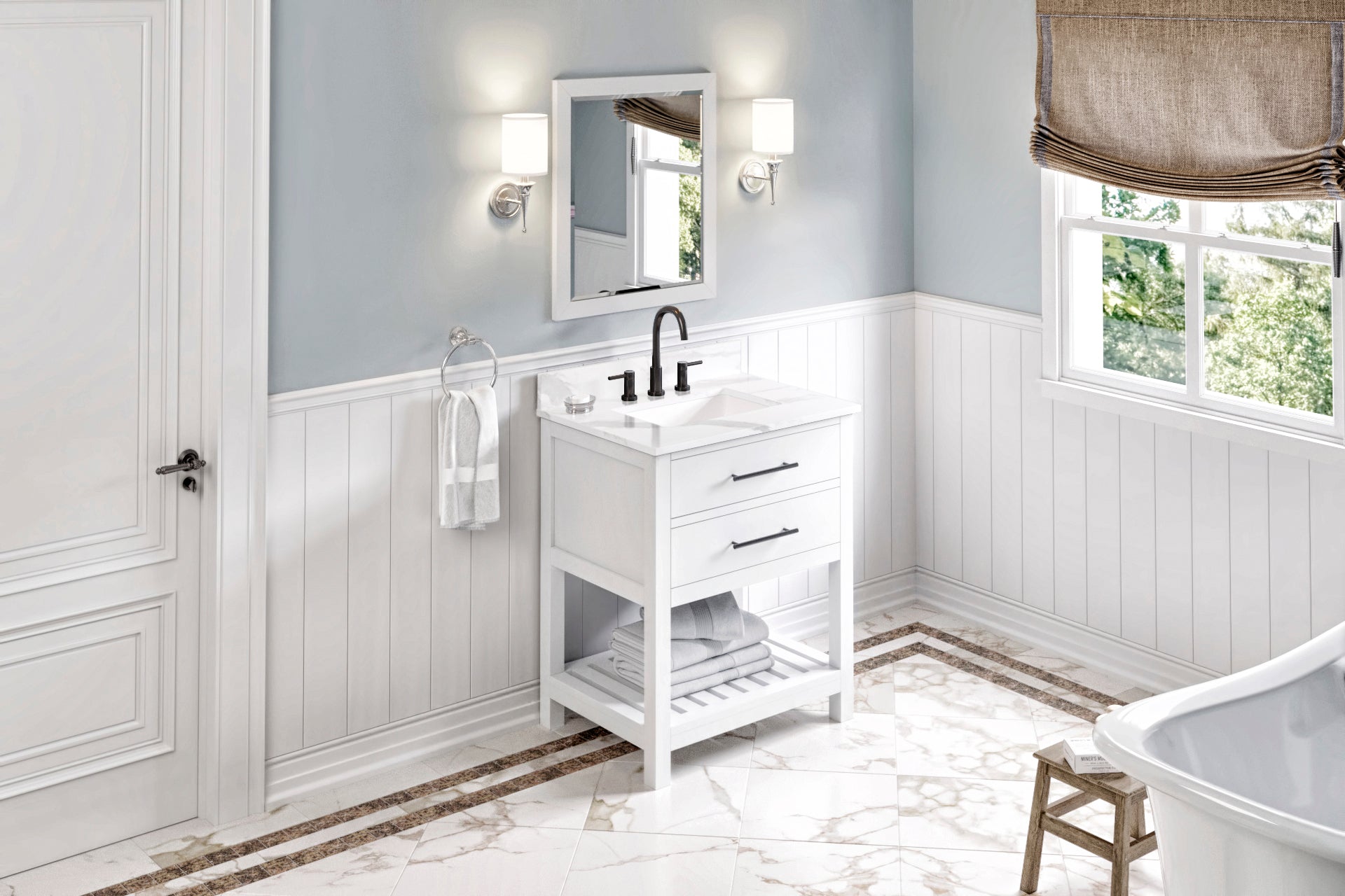 30" White Wavecrest Vanity, Calacatta Vienna Quartz Vanity Top, undermount rectangle bowl
