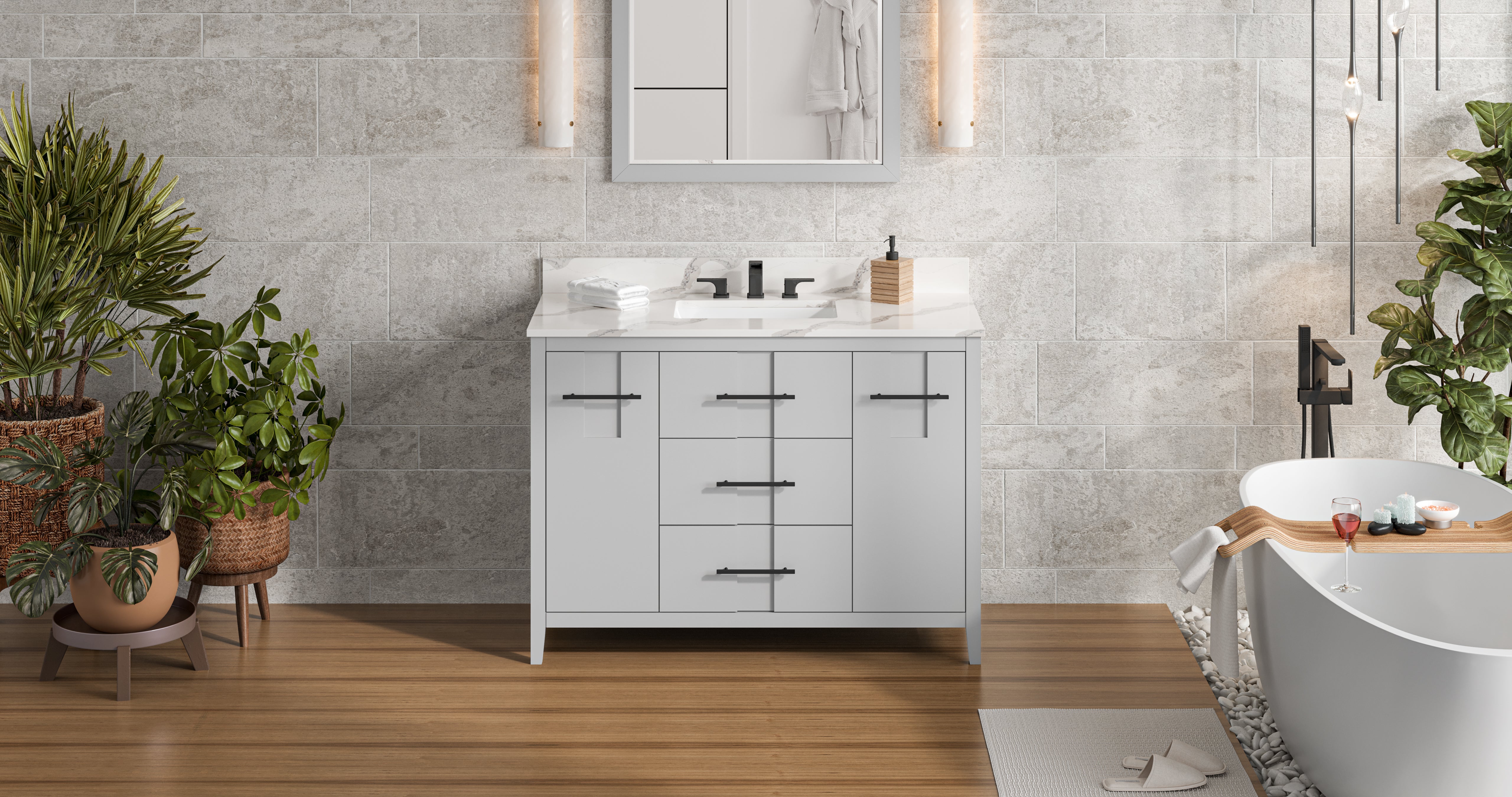 48" Grey Katara Vanity, Calacatta Vienna Quartz Vanity Top, undermount rectangle bowl | KitchBath