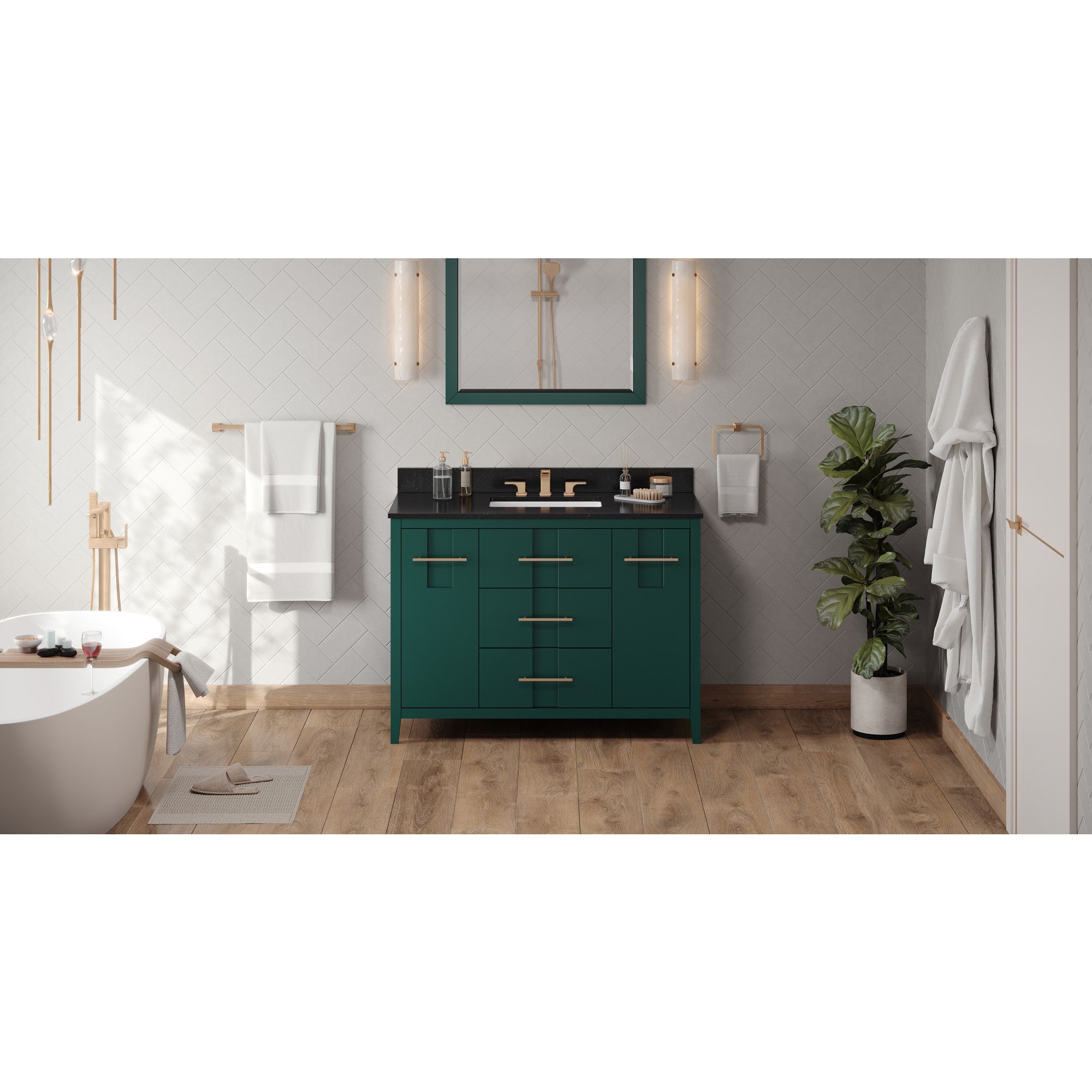 48" Forest Green Katara Vanity, Black Granite Vanity Top, undermount rectangle bowl | KitchBath