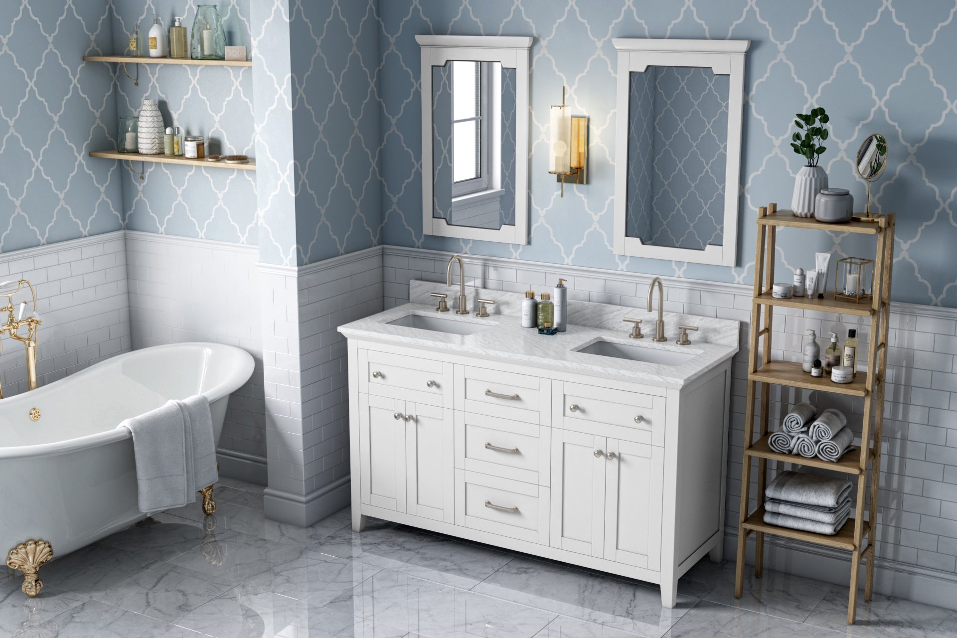 60" White Chatham Vanity, double bowl, White Carrara Marble Vanity Top, two undermount rectangle bowls