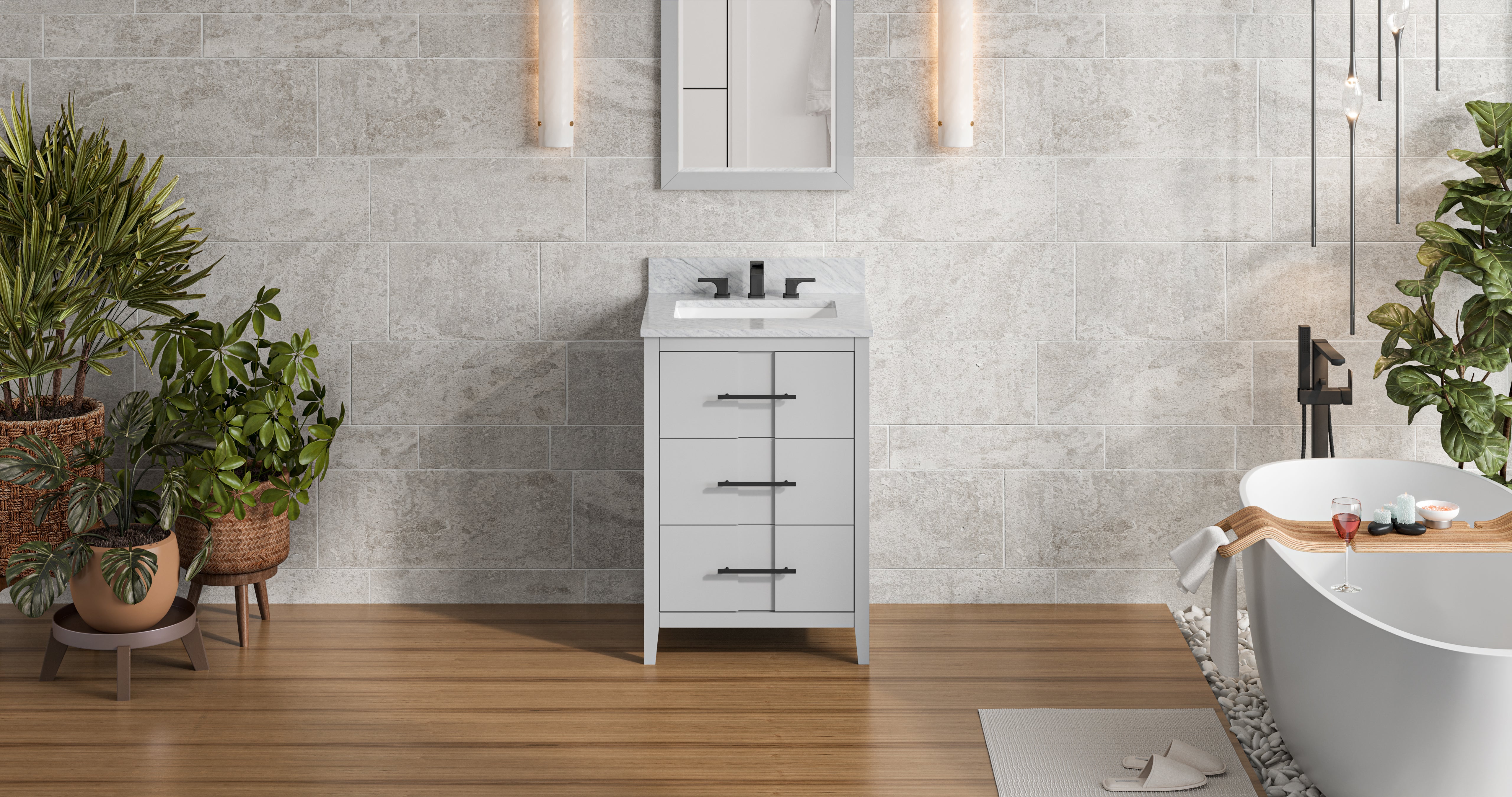 24" Grey Katara Vanity, White Carrara Marble Vanity Top, undermount rectangle bowl | KitchBath