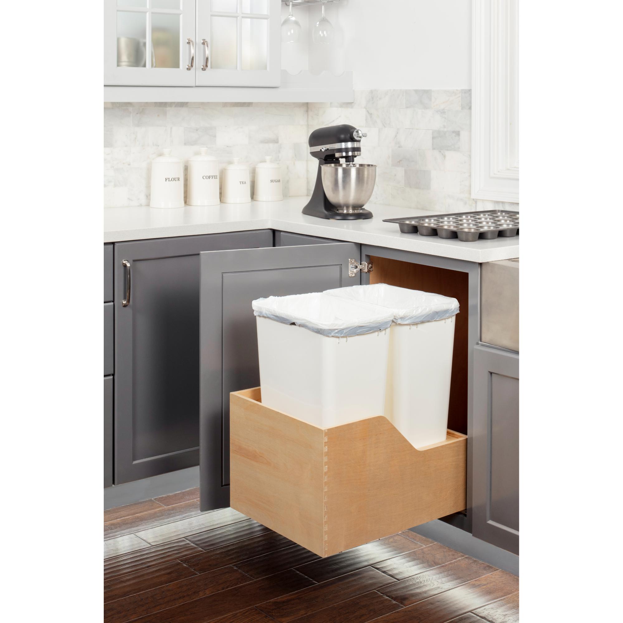 Double 50 Quart Wood Bottom-Mount Soft-close Trashcan Rollout for Hinged Doors, Includes Two White Cans | KitchBath