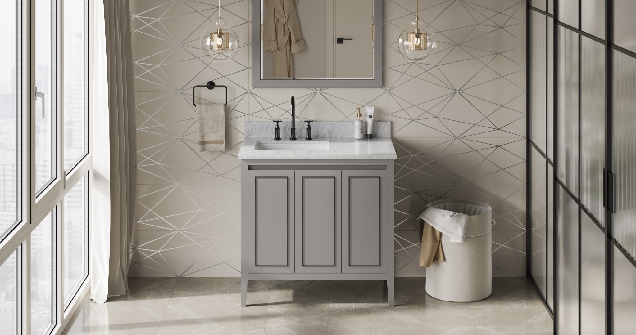 36" Grey Percival Vanity, left offset, White Carrara Marble Vanity Top, undermount rectangle bowl | KitchBath