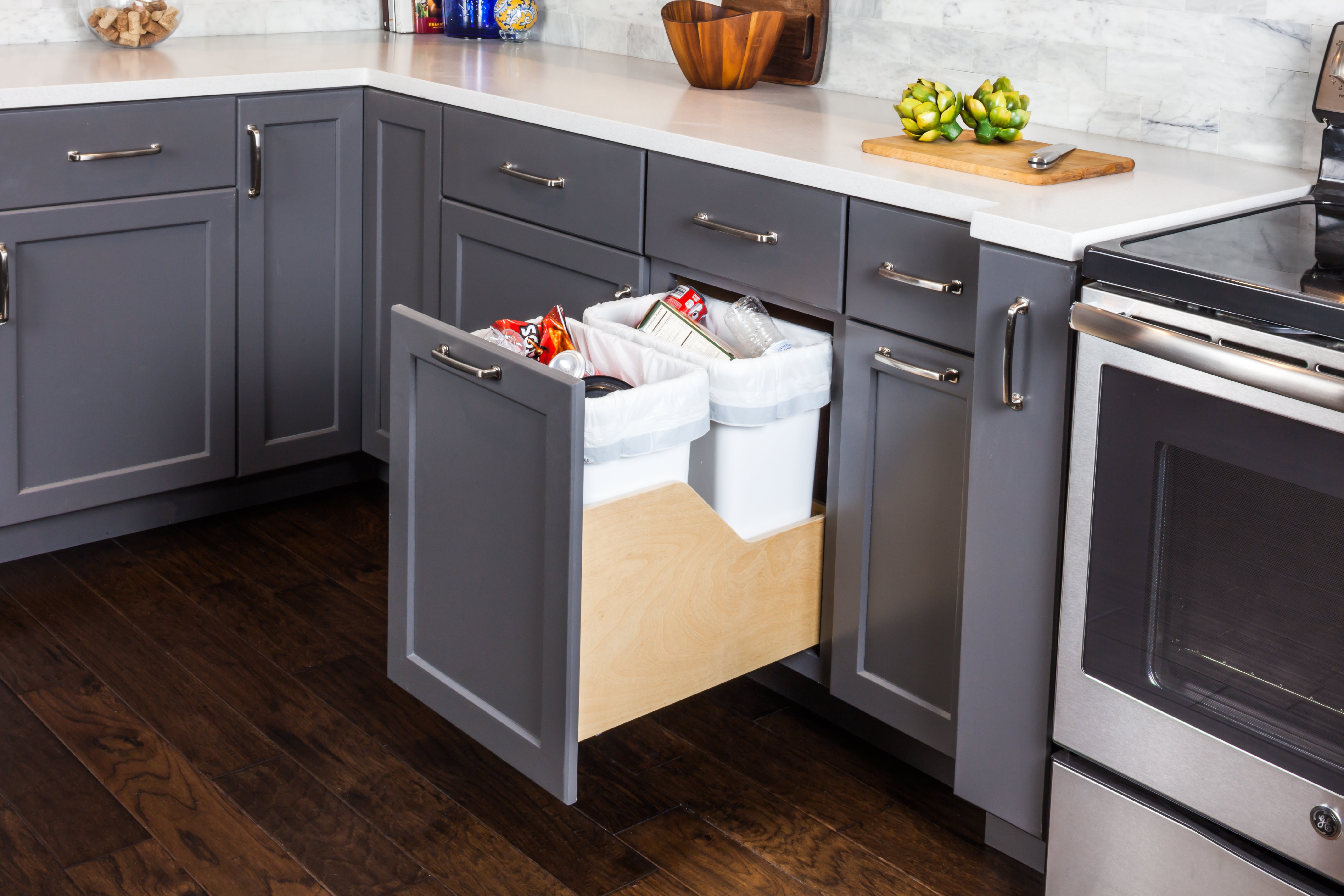 Double 35 Quart Wood Bottom-Mount Soft-close Trashcan Rollout for Door Mounting, Includes Two White Cans | KitchBath