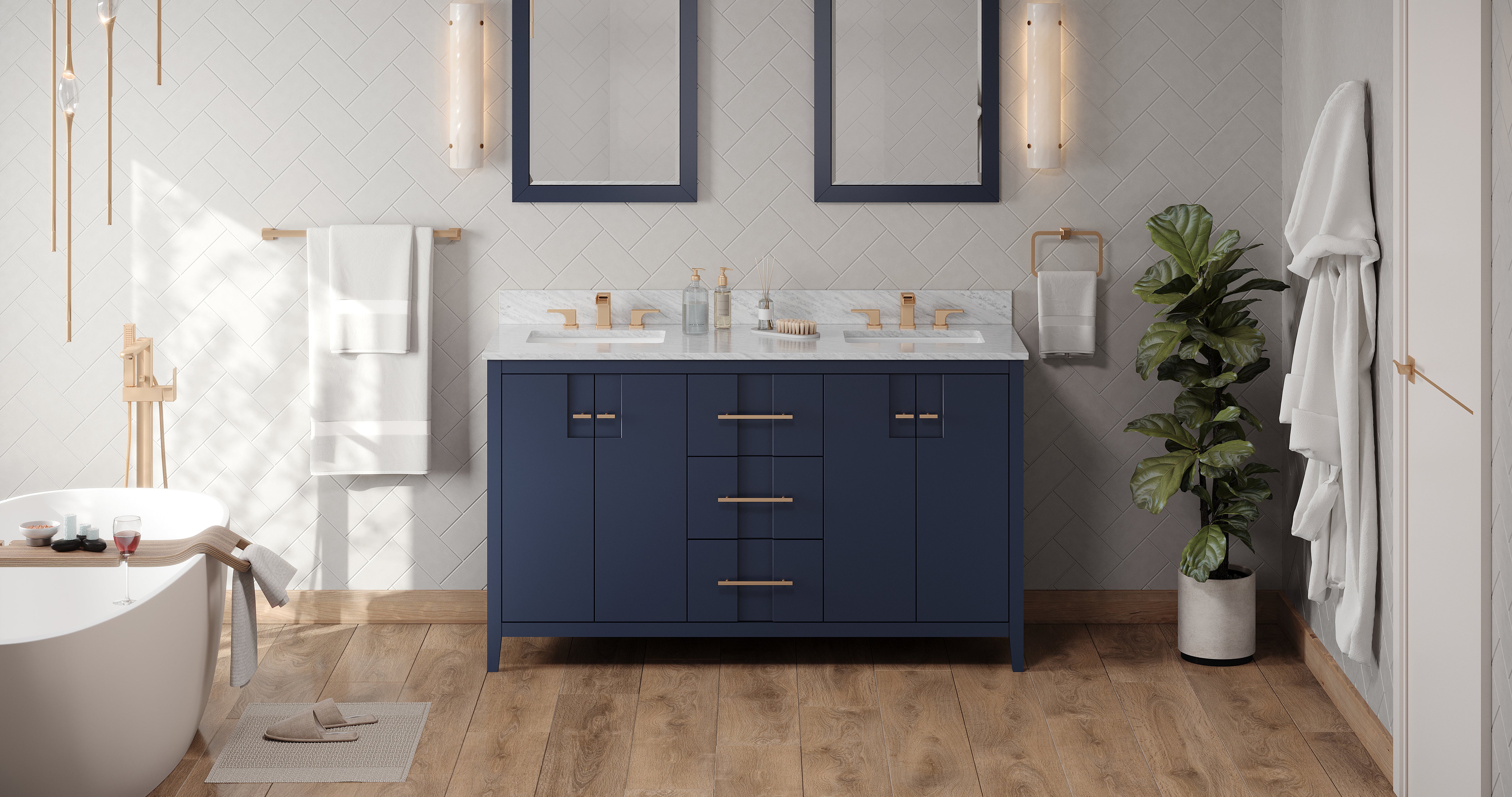 60" Hale Blue Katara Vanity, double bowl, White Carrara Marble Vanity Top, two undermount rectangle bowls | KitchBath