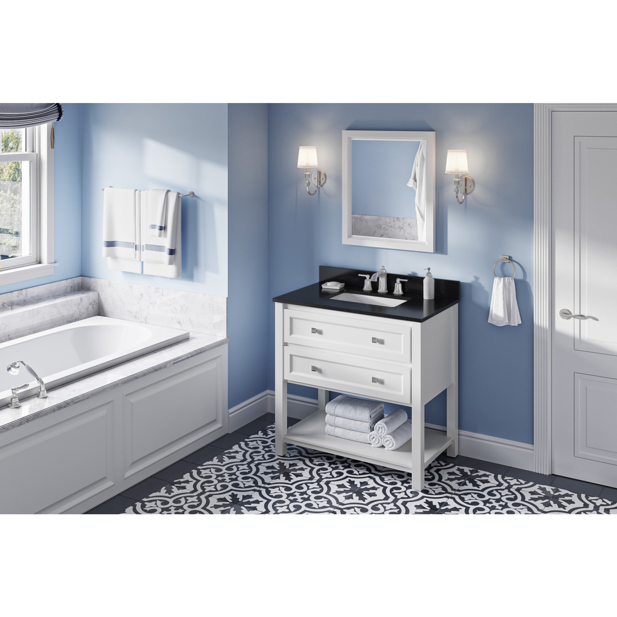 36" White Adler Vanity, Black Granite Vanity Top, undermount rectangle bowl | KitchBath