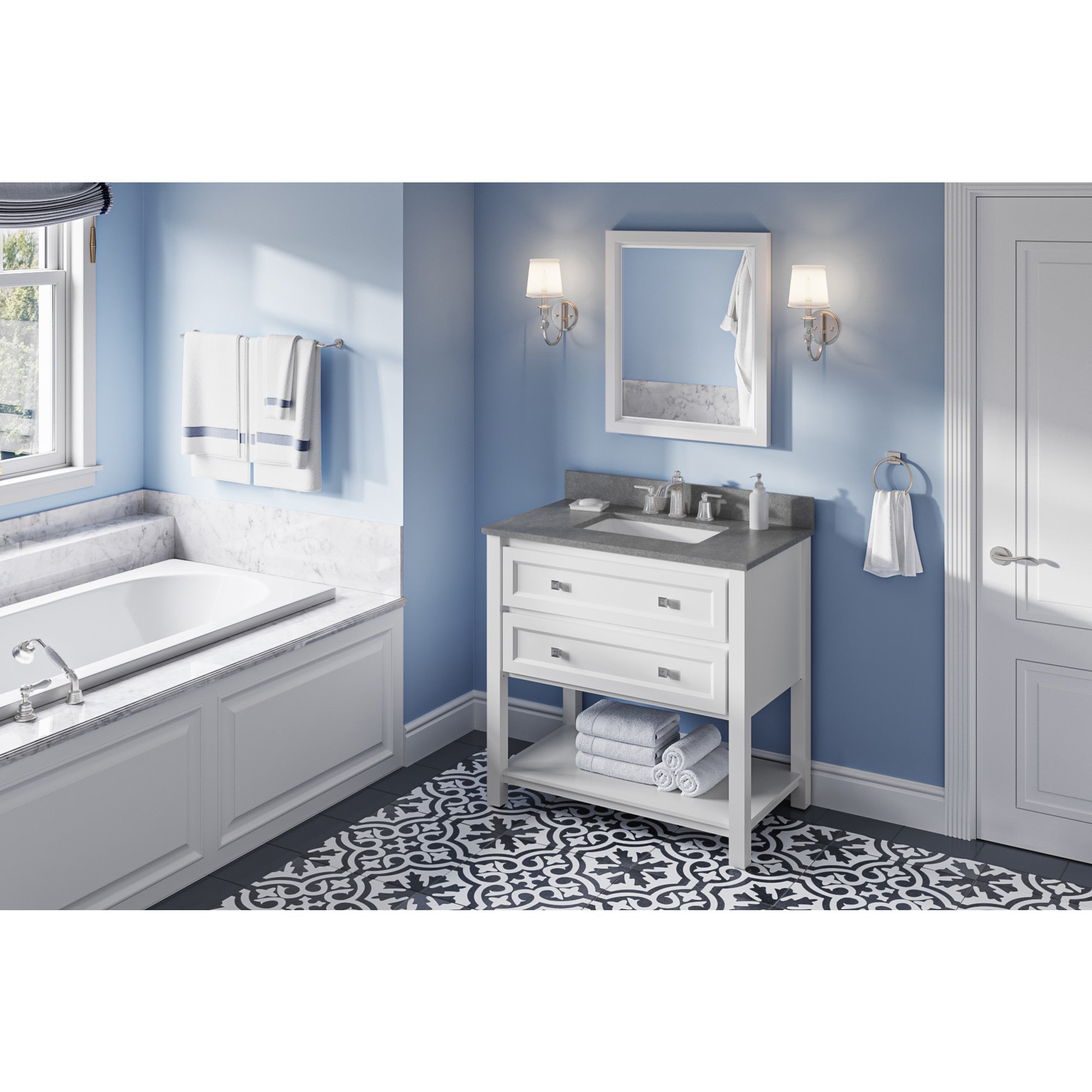 36" White Adler Vanity, Steel Grey Cultured Marble Vanity Top, undermount rectangle bowl | KitchBath