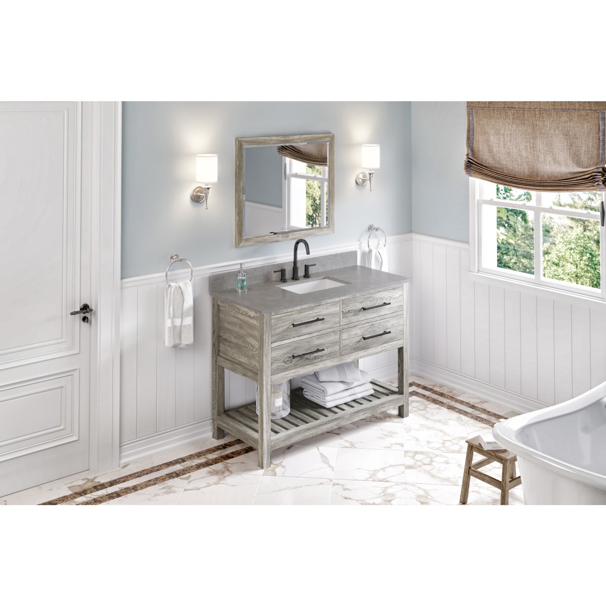 48" Weathered Grey Wavecrest Vanity, Steel Grey Cultured Marble Vanity Top, undermount rectangle bowl | KitchBath