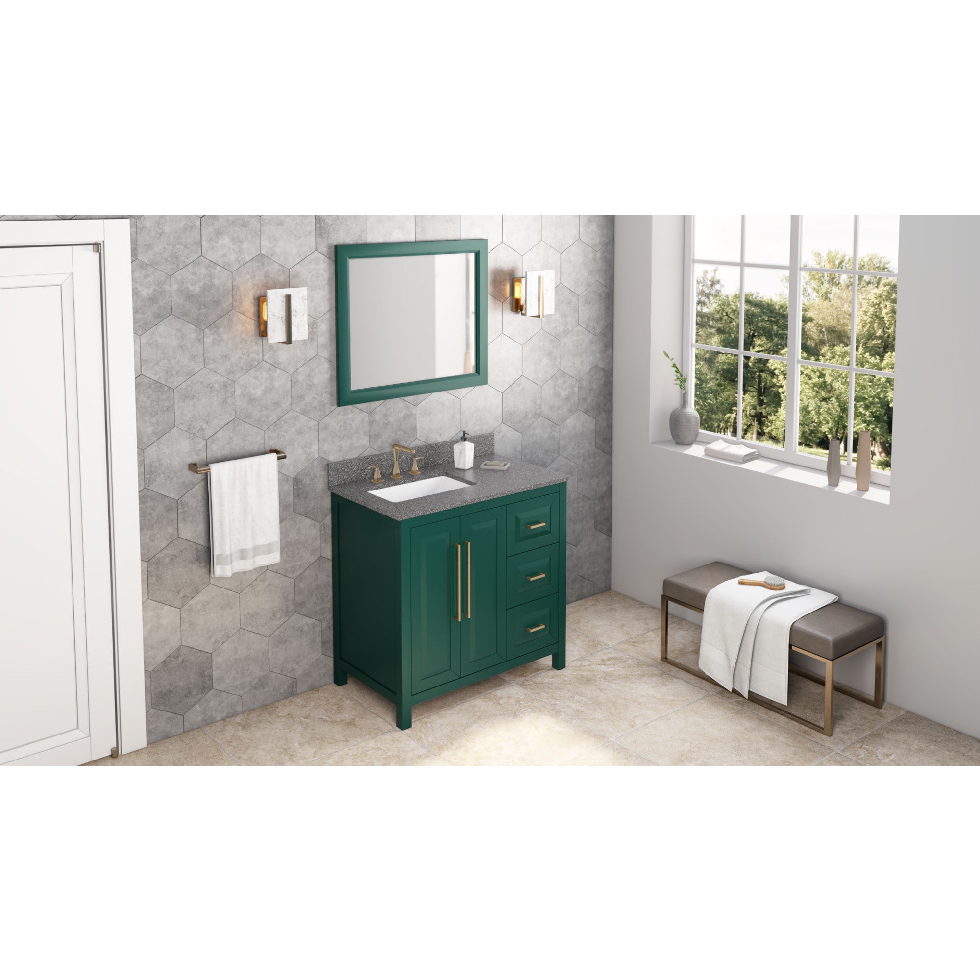 36" Forest Green Cade Vanity, left offset, Boulder Vanity Cultured Marble Vanity Top, undermount rectangle bowl | KitchBath
